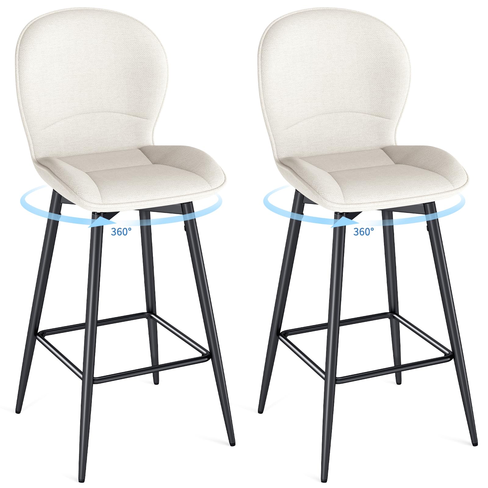 LEWE Juego de 2 Taburetes Altos de Bar, 75 cm Altura del Asiento, Giratorio 360° Sillas Altas de Cocina con Respaldo Acolchado de Tela, Metálica Reposapiés, para Bar, Comedor, Salón-Beige