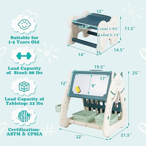 Miniatura 7 de GLACER Caballete de arte para niños 3 en 1 con taburete, pizarra magnética de borrado en seco de doble cara, estante para libros de varias capas, 2