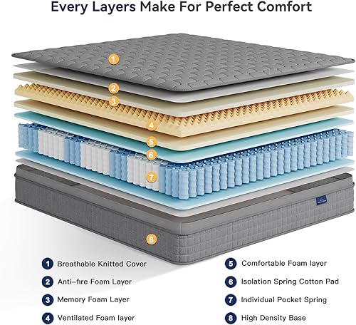 Miniatura 4 de Vesgantti Colchón híbrido multicapa individual XL de 10 pulgadas, varios tamaños y estilos disponibles, diseño ergonómico con espuma viscoelástica y