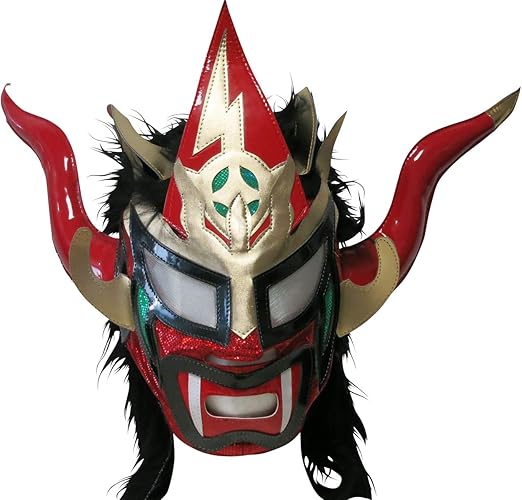 Amazon プロレスマスク 獣神サンダー ライガー レプリカマスク 髪付 角部分不良 ゴールド部分前後逆 画像と左右逆の場合有 レッド 髪ブラック ルチャリブレ プロレス コスプレ 仮装 通販
