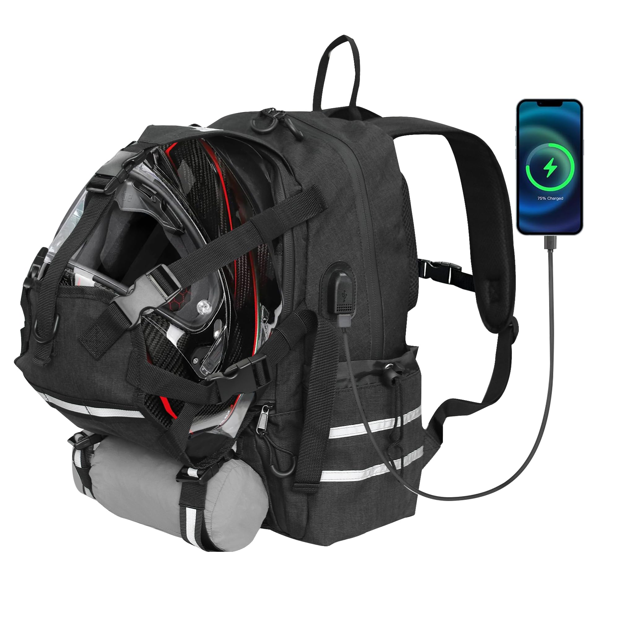 Motorcycle Helmet Backpack Bag for Men/Women, Large Capacity Biker Backpack with Reflective Strips/USB Charging Port, Helmet Carrier for Riding Travel Hiking (Black)