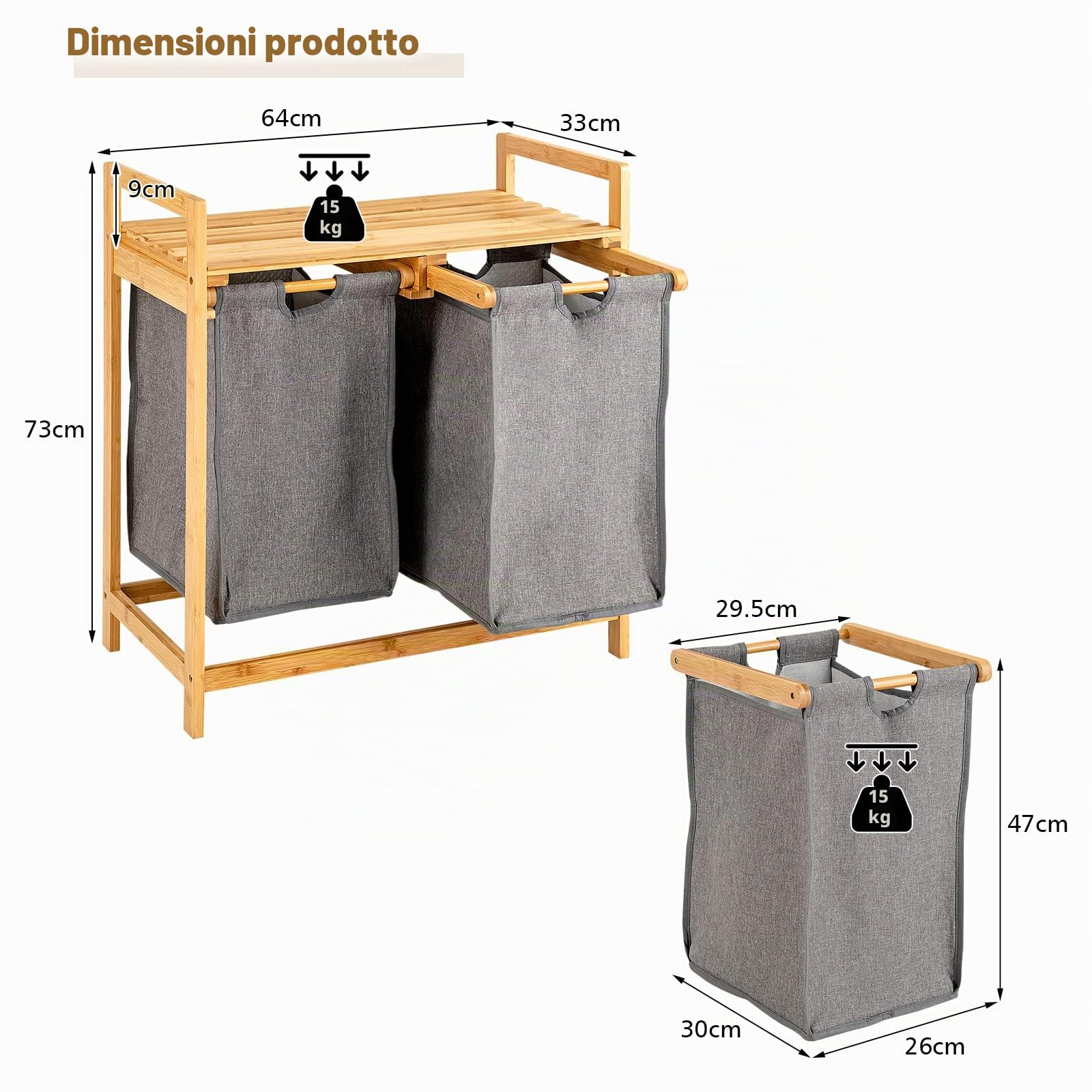 GIANTEX Armadietto per la biancheria con 2 cesti per la biancheria, 2 scomparti e ripiano, in bambù, per il bagno, 64 x 33 x 73 cm (Naturale)