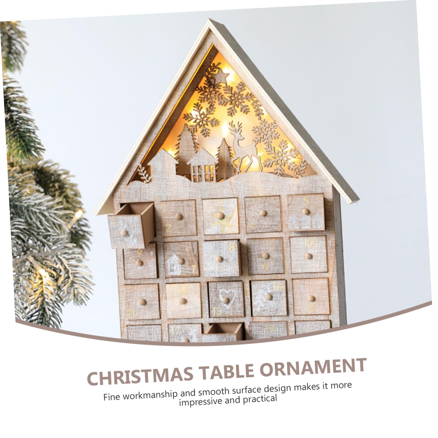 Holz Adventskalender für Junge Mädchen mit Beleuchteter Schublade Weihnachtstischdekoration aus Holz Langlebig und Stabil für Wohnzimmer und Esstisch