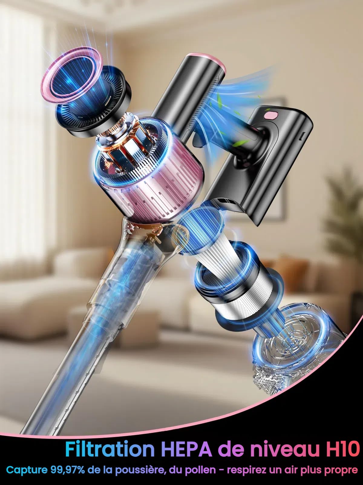 Aspirateur Balai sans Fil 52KPa/500W/45Mins, Écran LED, Tuyau Extensible, Brosse Anti-Enchevêtrement, Filtration 5 Niveaux, Idéal pour Sols Durs, Tapis, Poils d'animaux et Voiture - Rose
