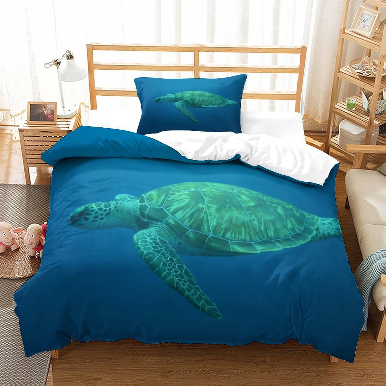 P1s9u7w5y Sea Turtle Ocean 3D Printed Microfiber Turtle Duvet Cover Set 3Pcs, Blue Sea Bedding Set Single（135X200cm）