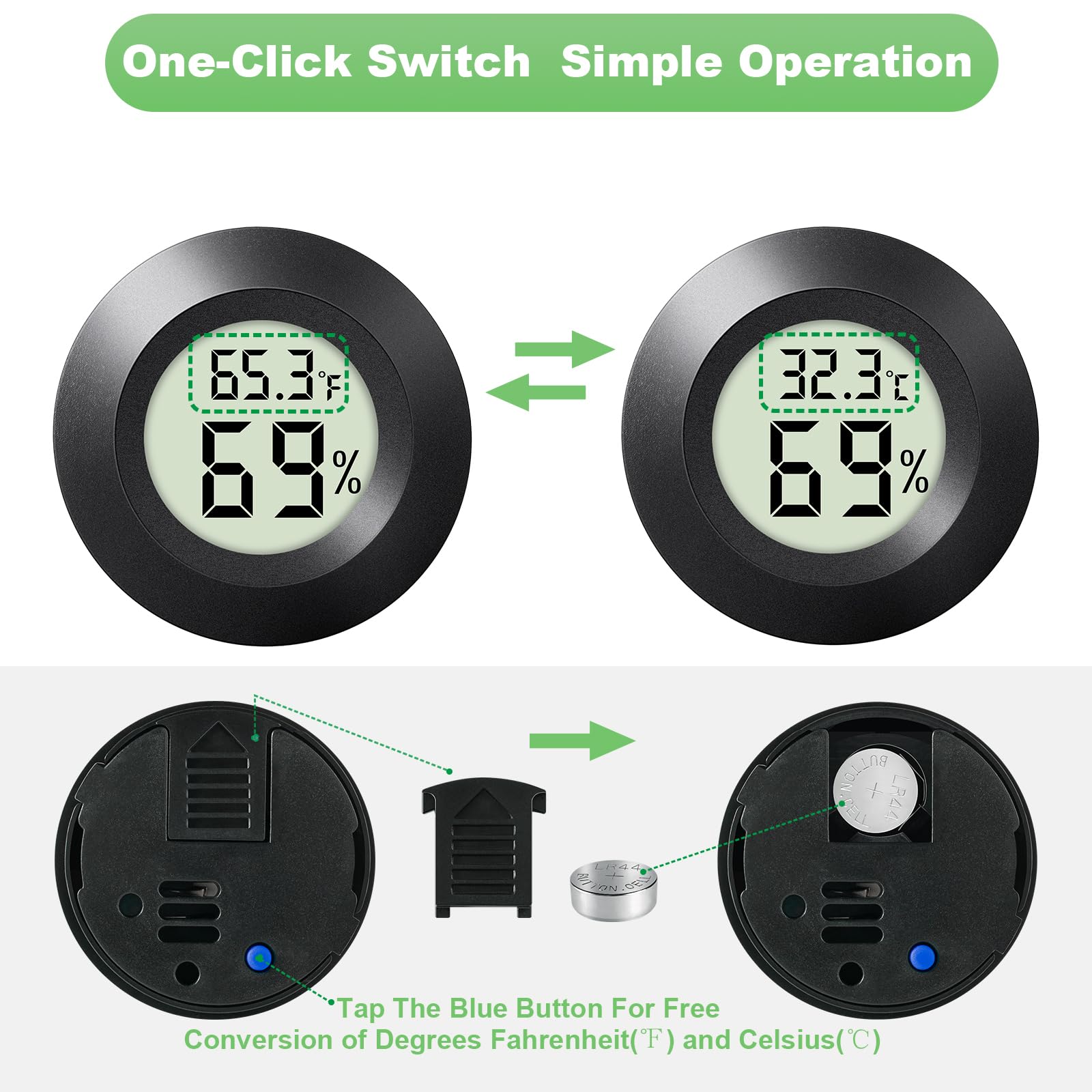 WWHAKO 2-Pack Mini Hygrometer Thermometer Indoor Outdoor Round Humidity Meter, Small Digital LCD Monitor Thermometer Temperature Gauge Humidity Sensor (?) or (?) for Reptile Thermostat, Jars