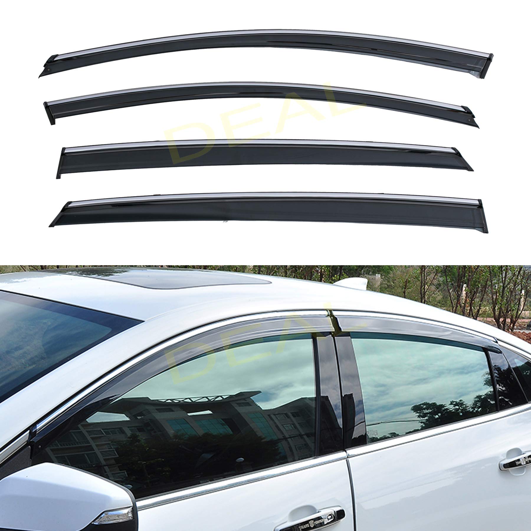 DEAL AUTO ELECTRIC PARTS 4-Piece Set Outside Mount Tape On/Clip On Type Smoke Tinted Sun/Rain Guard Vent Window Visors with Chrome Trim Compatible with 2016-2022 Malibu