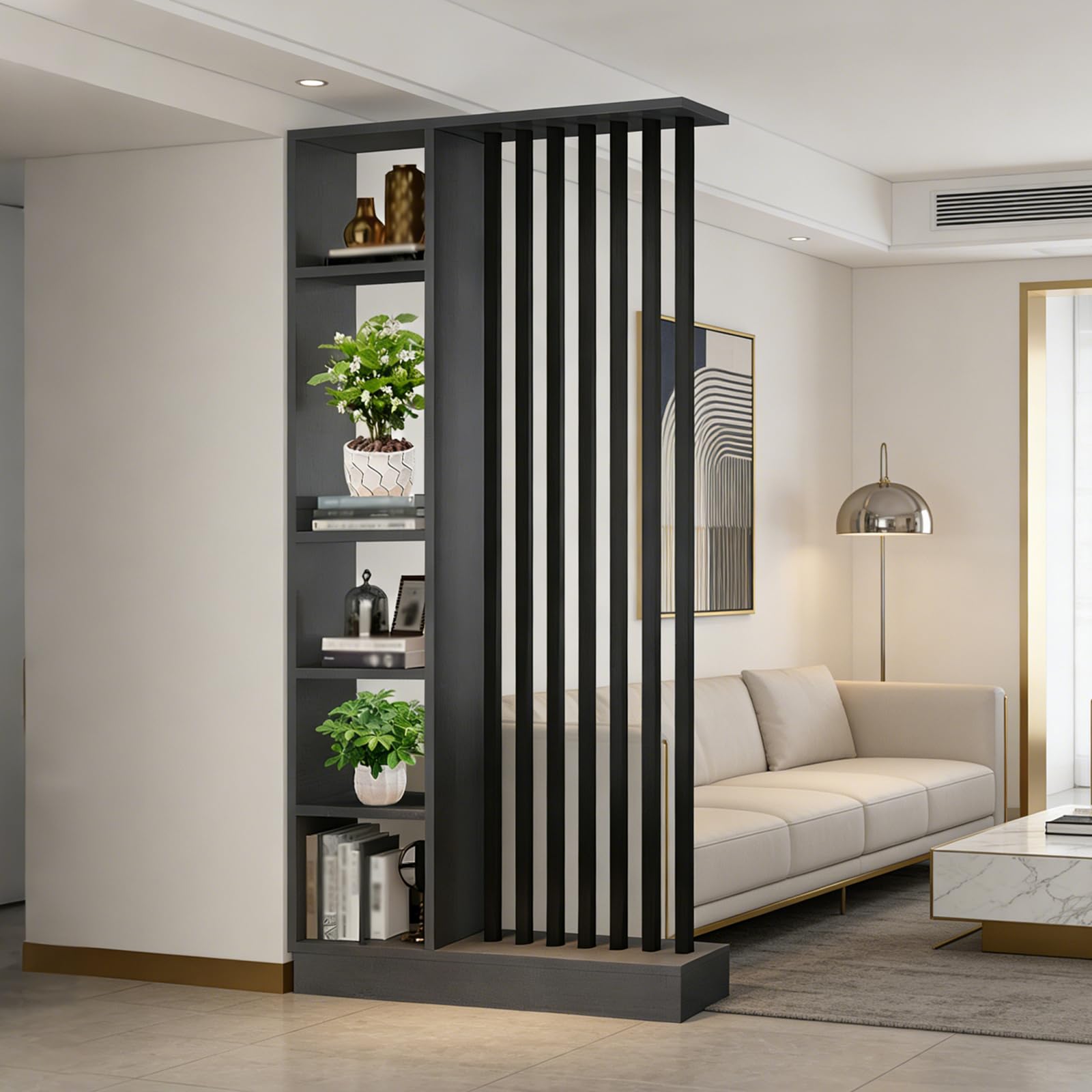 Wall Room Divider with Storage Shelf, Entrance Hall Partition Screen Column Floor to Ceiling, Made of Solid Wood, Easy to Assemble, Suitable for Home or Office Decoration (A Black + Gray, 39.4in)