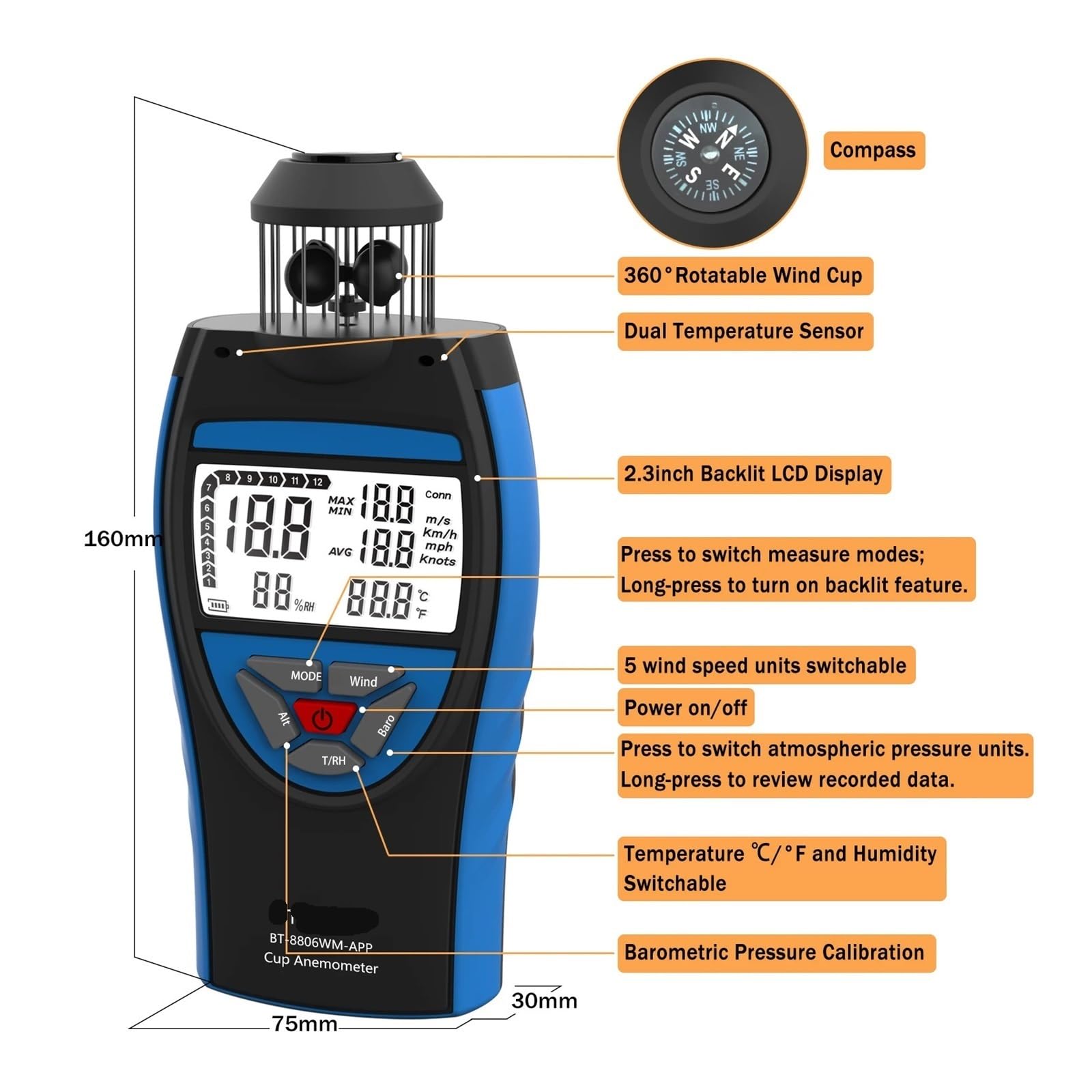 Anemómetro digital de 0,3~42 m/s, velocidad del viento por Bluetooth, volumen aire promedio HVAC, altitud CFM, barométrico, 8806-WM-APP