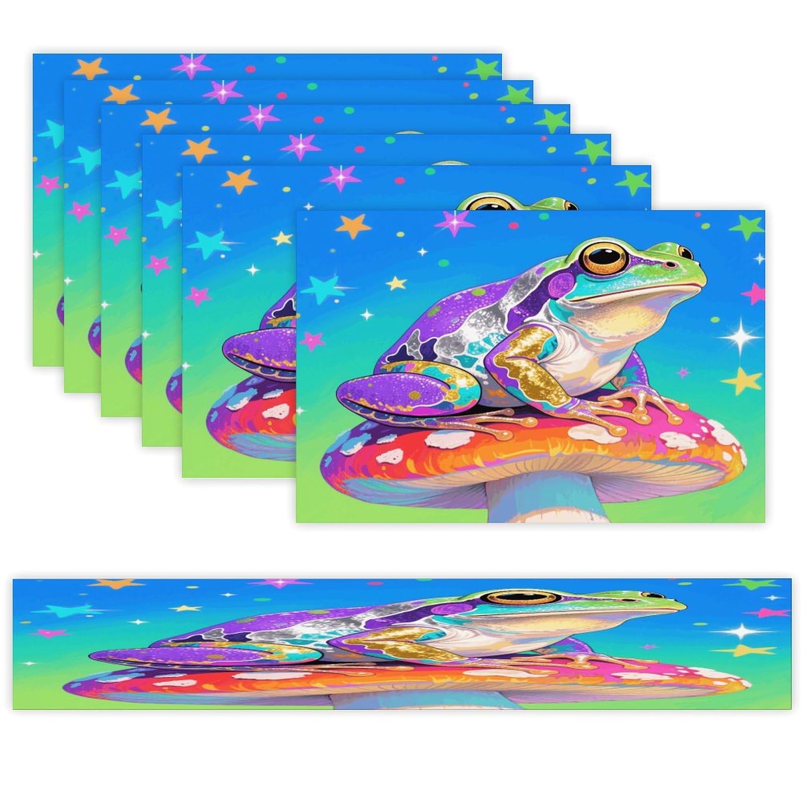 Colorful Frog Table Runner and Placemats Set of 7 Linen Table Mat Non-Slip Place Mats Washable Placemat Heat Resistant Place Mat with Table Runner for Party Dining Decor