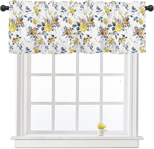 Cenefas de cortina florales de primavera y verano para ventanas, cortinas de cocina con flores azules y amarillas, 54 x 18 pulgadas, cenefa corta