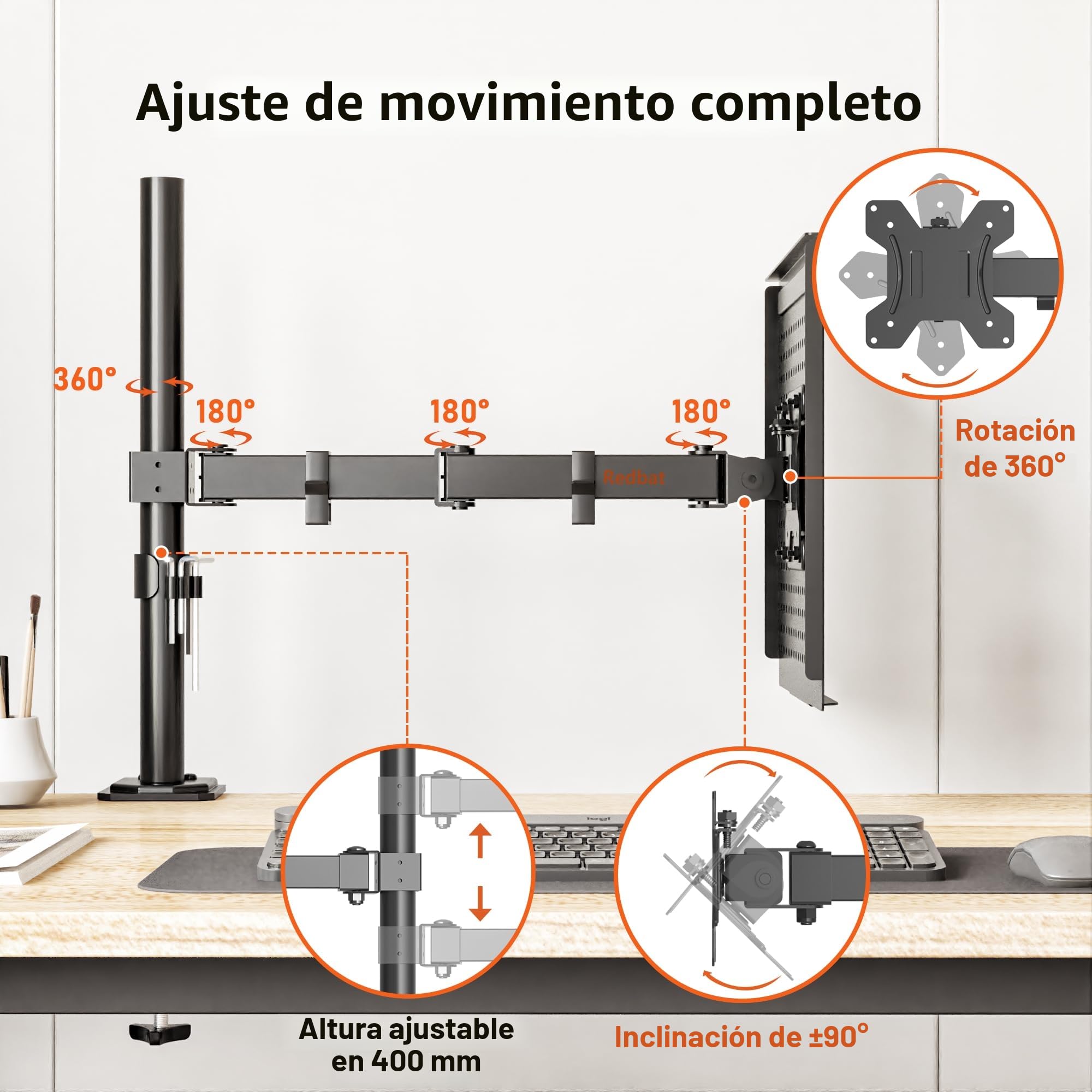Redbat Soporte de Monitor y Bandeja Ventilad para Portátil de 16 Pulgadas y Pantallas LCD LED de 13 a 32 Pulgadas, hasta 8 kg, Brazo Monitor con Inclinación, Giro y Rotación