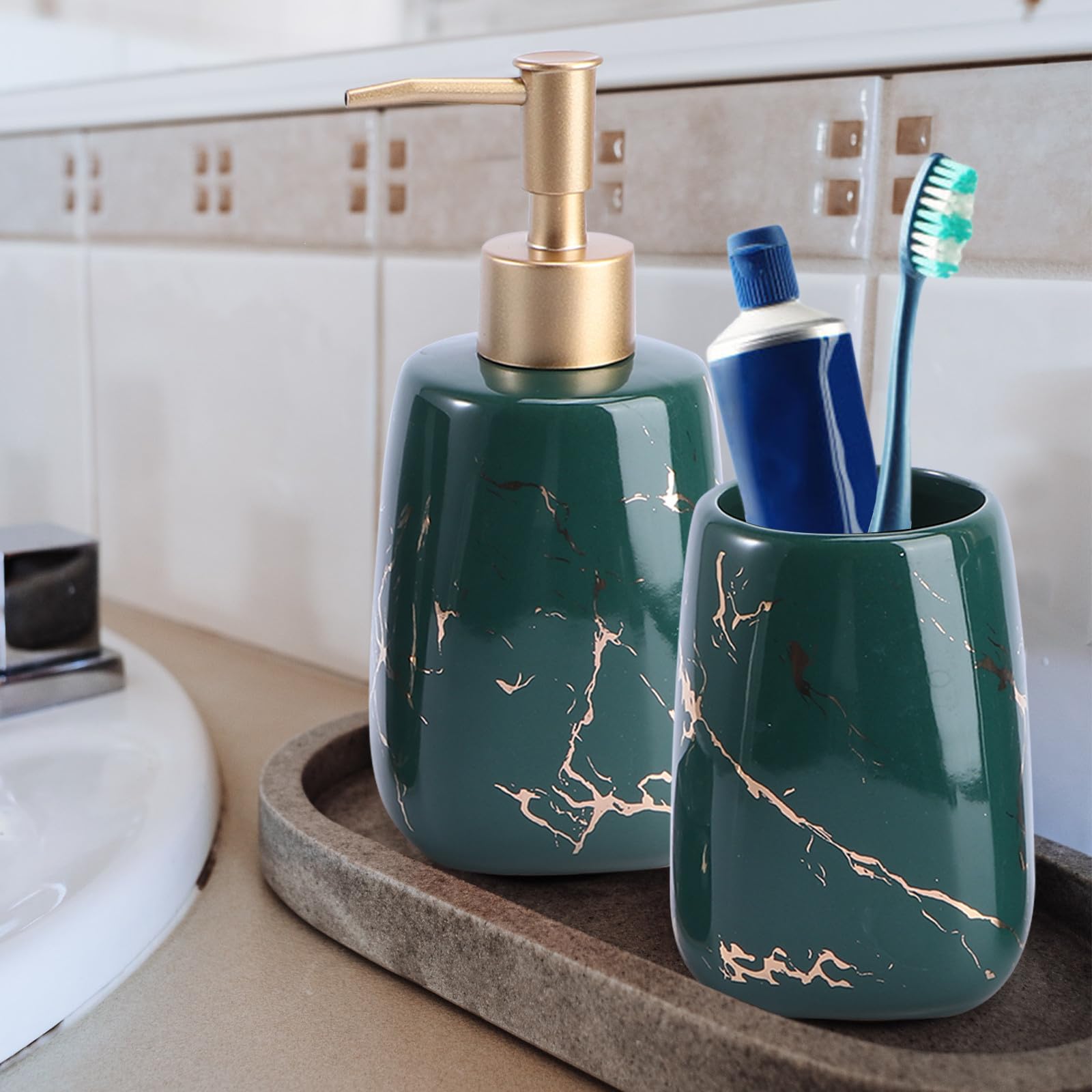 Set da Bagno in Ceramica 3 Pezzi Dispenser Sapone e Porta Spazzolini, Stile Marmo Unico e Funzionale per Mantenere Bagno Ordinato e Organizzato