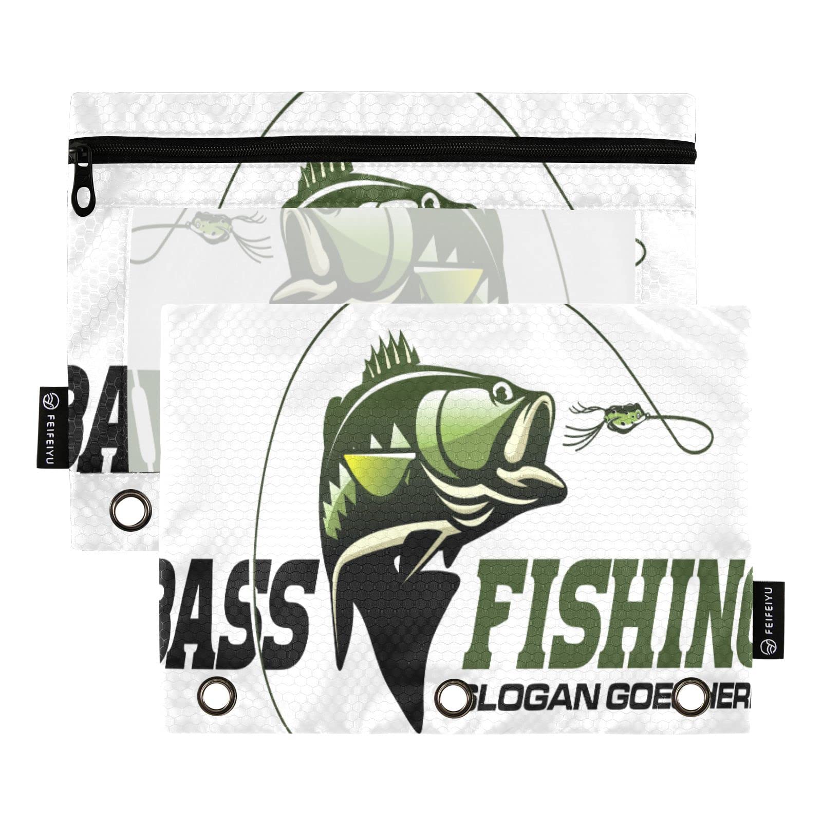 Gredecor Binder Pencil Pouch 3 Ring Largemouth Bass Fishing Zipper Pencil Pouches Case 2 Pack Clear Binder Organizer for School Office