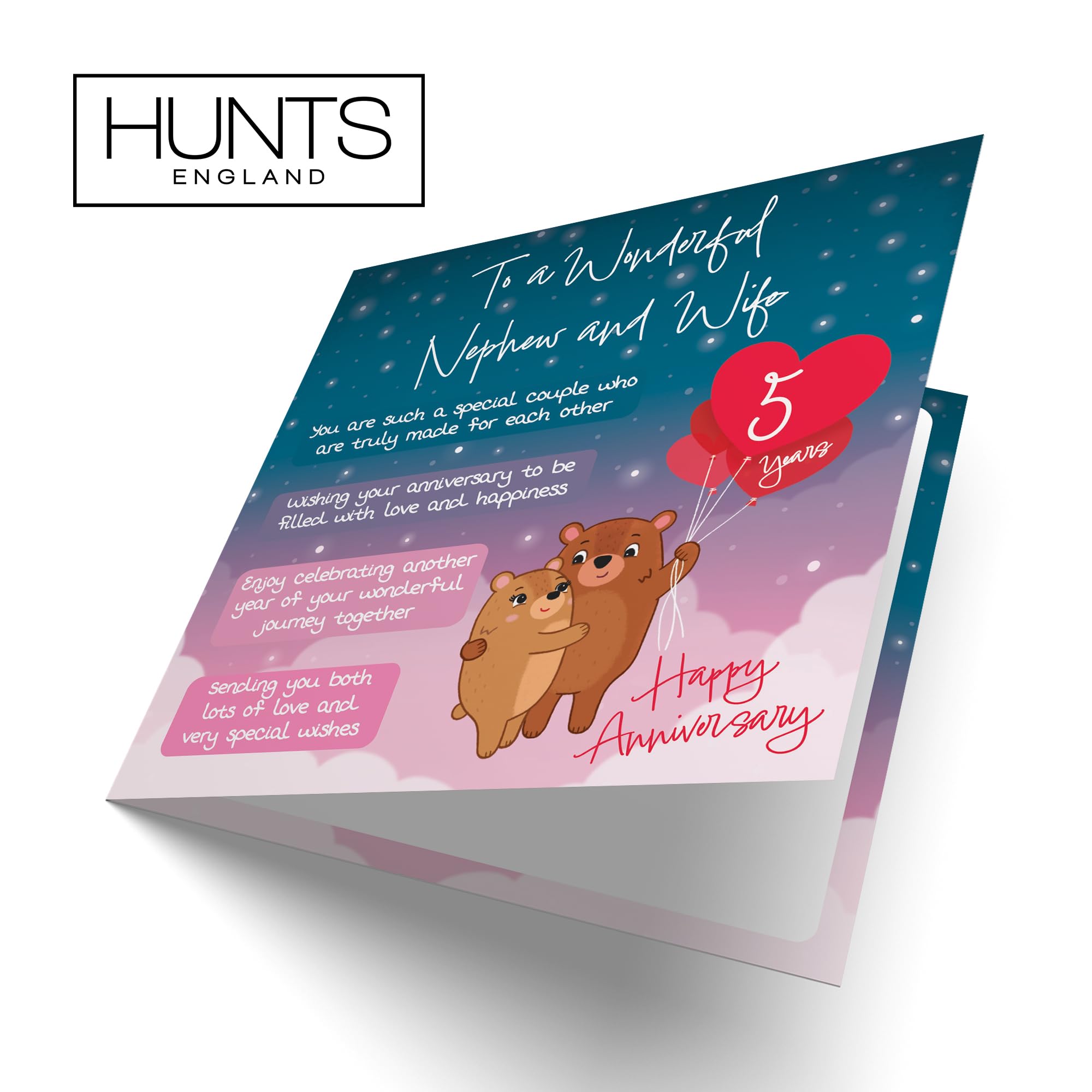 Hunts England, Nephew And Wife 5th Anniversary Card, Starry Night, Cute Bears, Verse 5th Anniversary Card For Nephew And Wife - Image 4