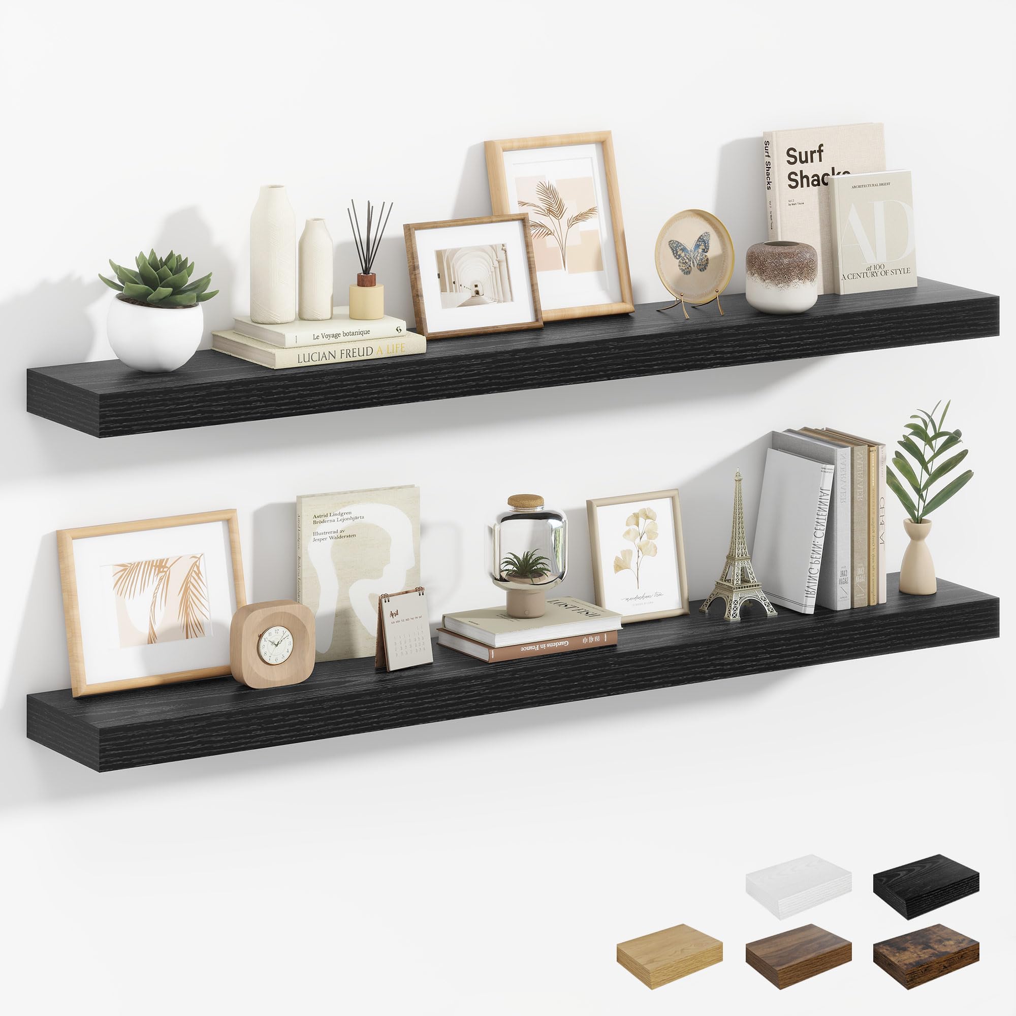 Heimlove Floating Shelves for Wall, 90cm Wall Mounted Shelves Set of 2, Hanging Shelf for Living Room,Kitchen, Bedroom (Black)