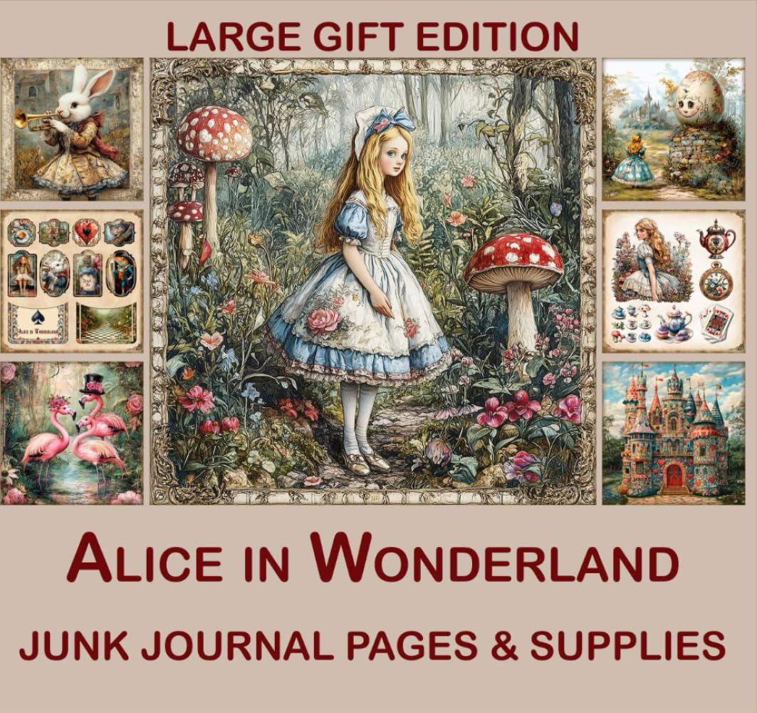 Alice in Wonderland junk journal pages & supplies Large gift edition 8x8: 240 pages for Scrapbooking, Collage and Paper Crafts, Art Journaling      Paperback – November 9, 2024