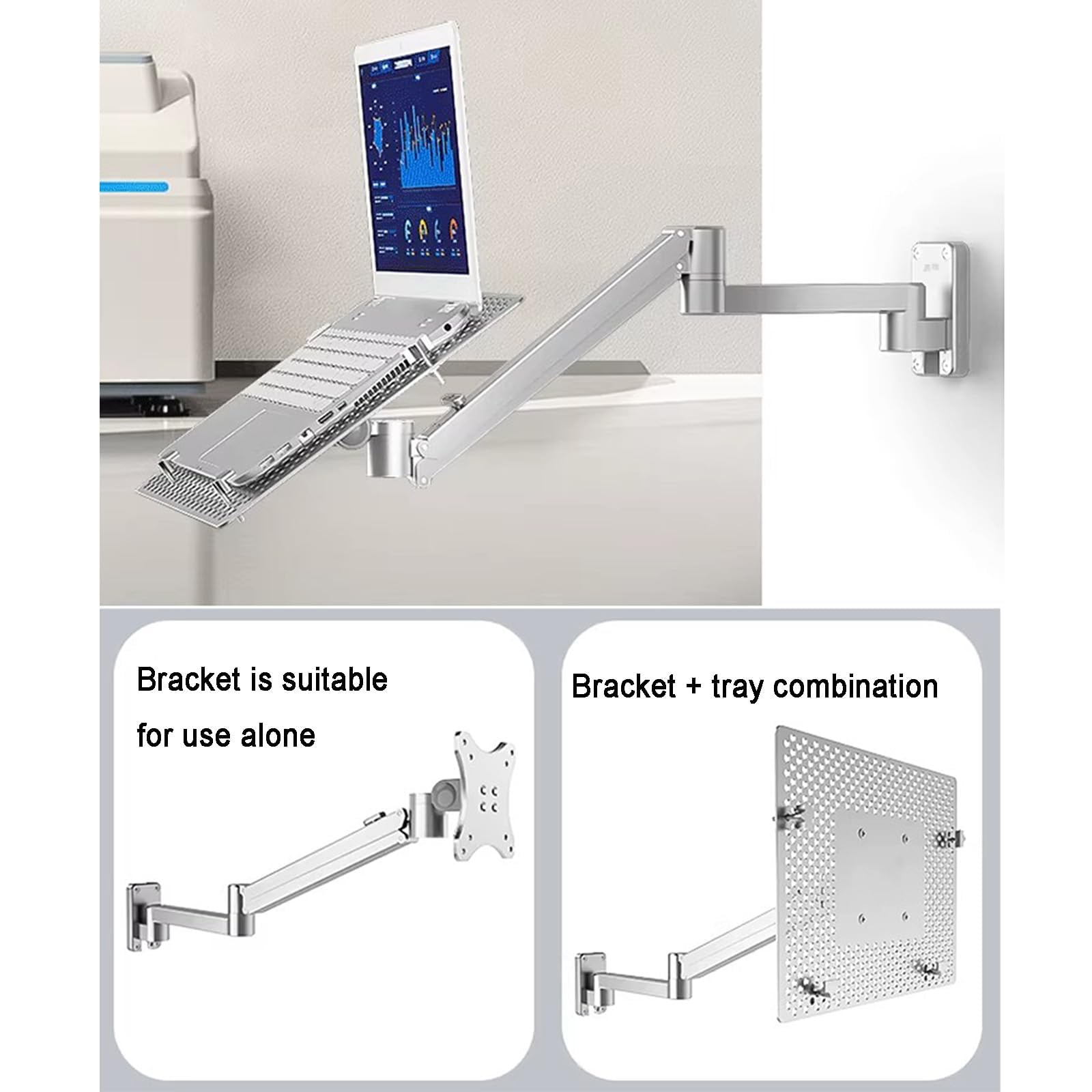 Soporte de pared ajustable para laptop, soporte ventilado portátil con bandeja de aluminio, posición de elevación bloqueable, soporta 3-6 kg, ideal para uso en oficina y estación de trabajo