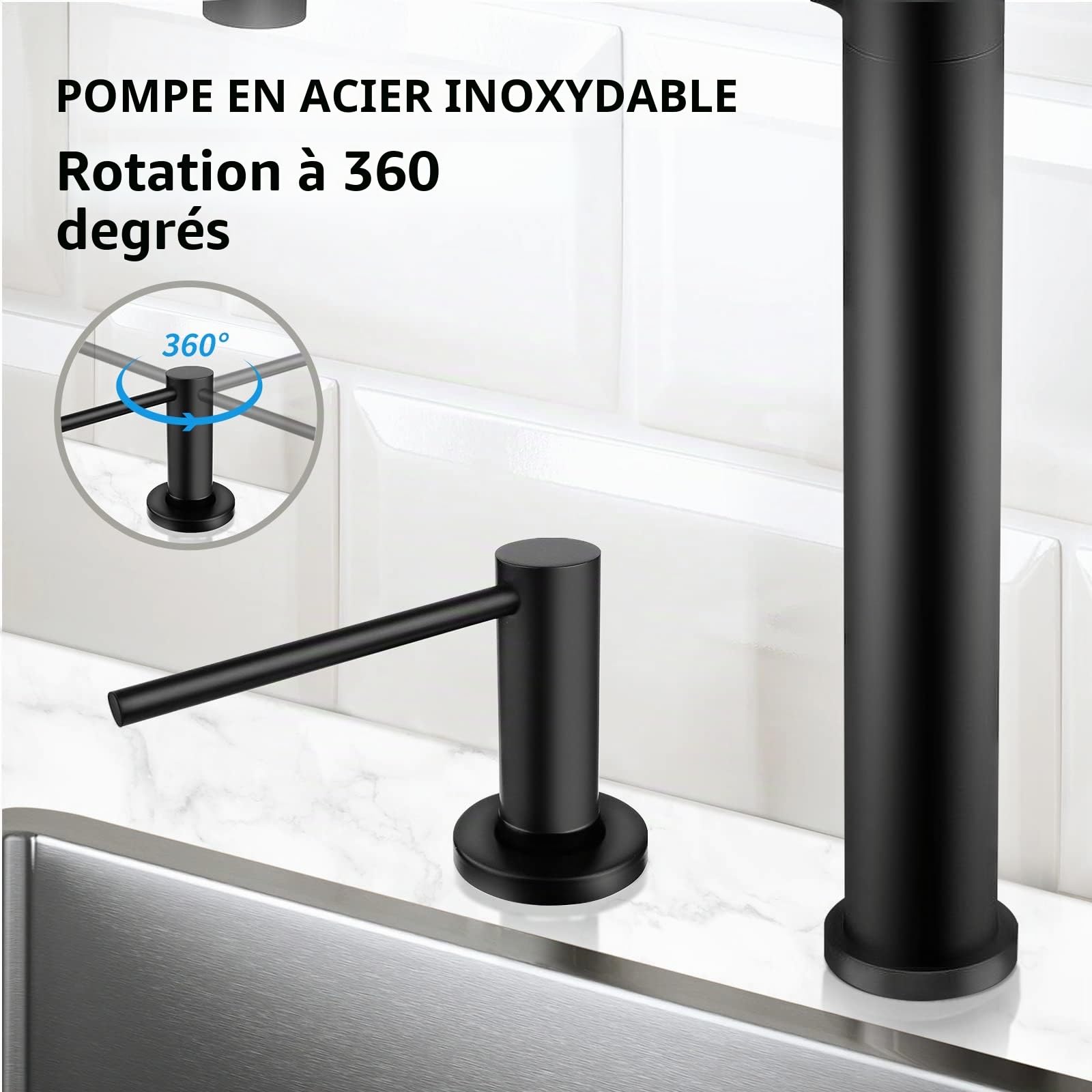 Distributeur Savon Encastrable AIKE pour Cuisine et Salle de Bain, avec Pompe en Acier Inoxydable, Bouteille de 500 ML, Remplissage du Haut, Noir