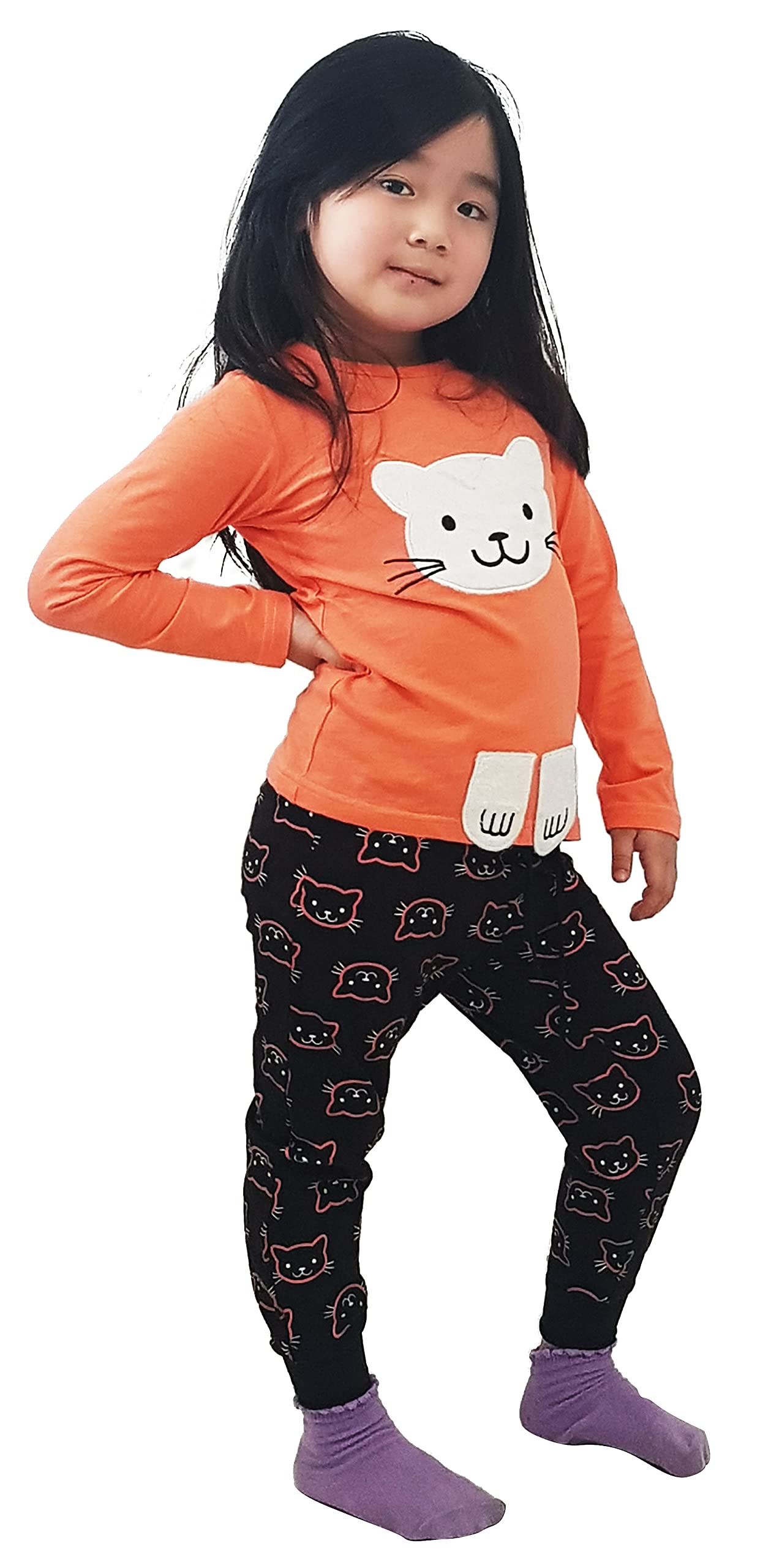 GenericLong Sleeve Pajama Sets, Girls Sleepwear, Sleepwear for better sleep, Applique artwork pajama, Adorable cat applique, AOP - all over print bottom pajama 2y