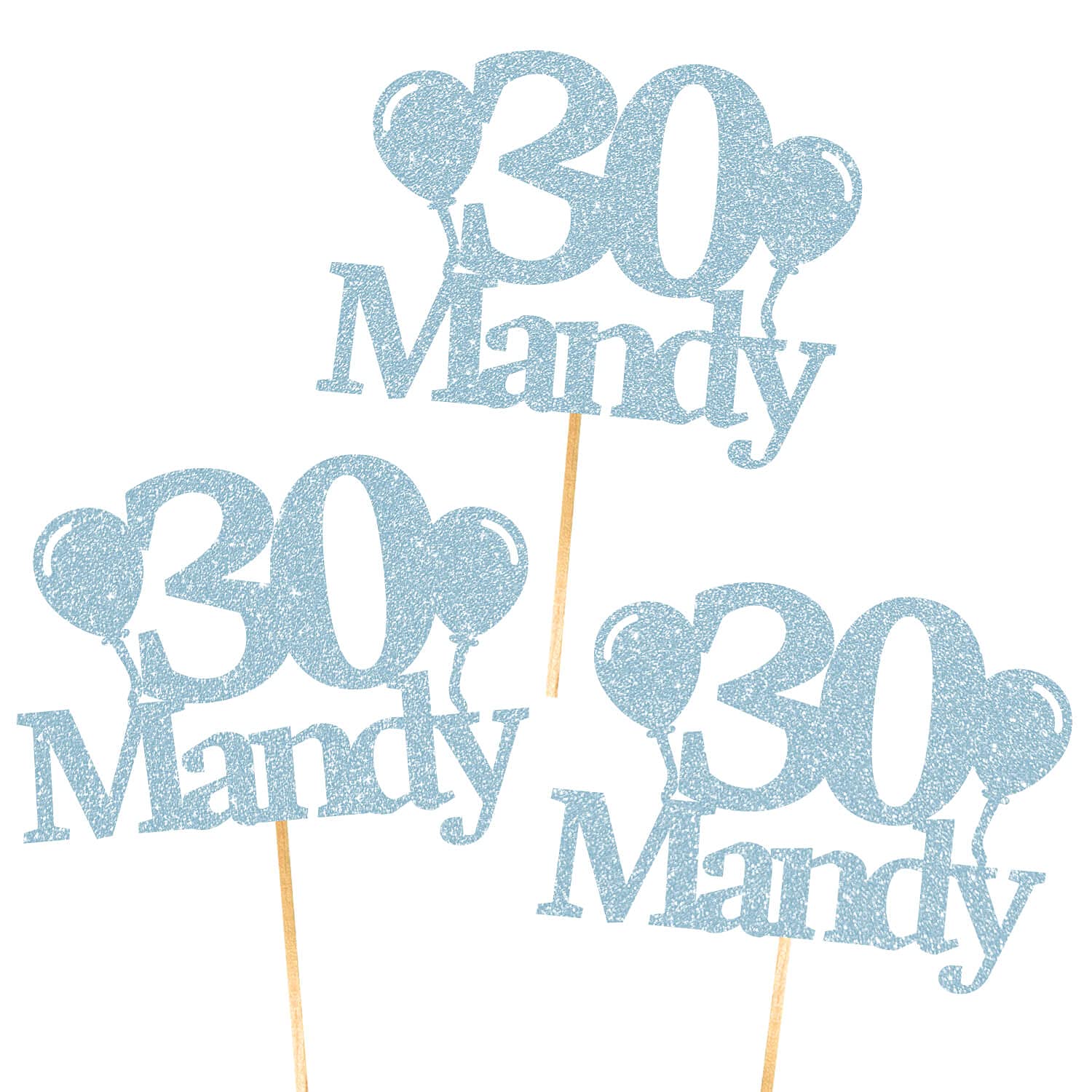 6X Personalised, Double Sided, Handmade Happy Birthday Glitter Cupcake Toppers by Cakeshop | Custom Colour Any Name & Age Balloons 480gsm Glitter Cupcake Decorations | Baby Blue