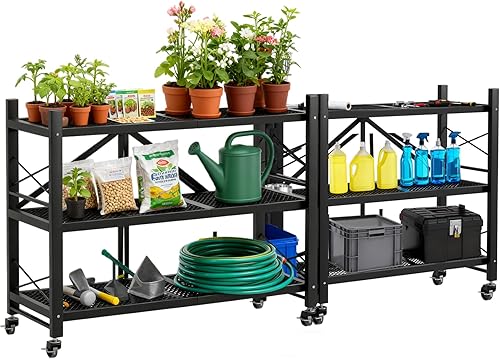 Miniatura 8 de Estantes plegables de 3 niveles de almacenamiento de metal resistente con ruedas No se ensambla unidad de estantería plegable para cocina, garaje