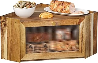 Trironsun Stylish Acacia Corner Bread Box for Kitchen Counter Wood Large Capacity Rustic Bread Storage Container with Wavy Arcylic Transparent Door for Homemade Bread (Acacia Wood)