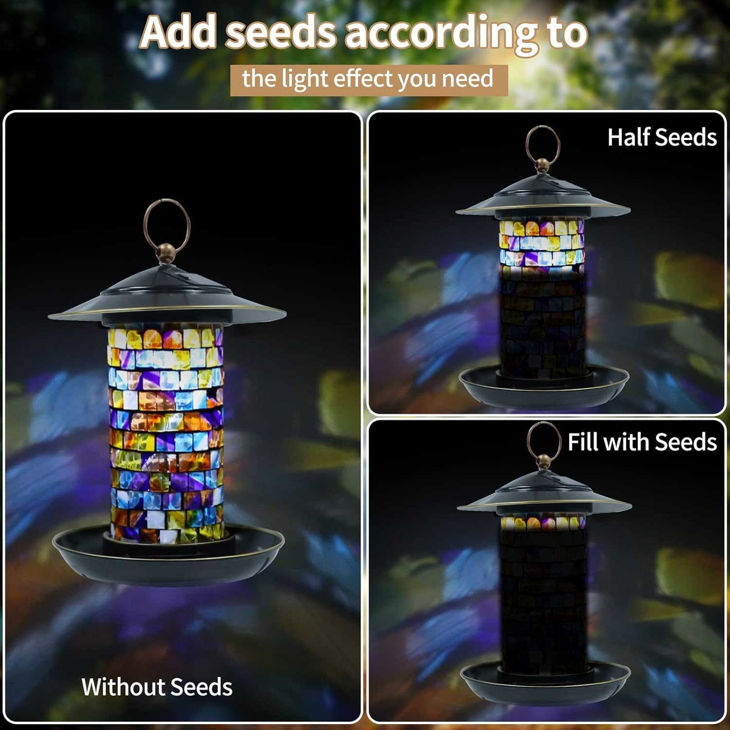 Comedero de Vidrio soplado a Mano con Mosaico, comederos para pájaros Salvajes de Gran Capacidad, comedero para pájaros Colgante de Metal para jardín (Colorido)