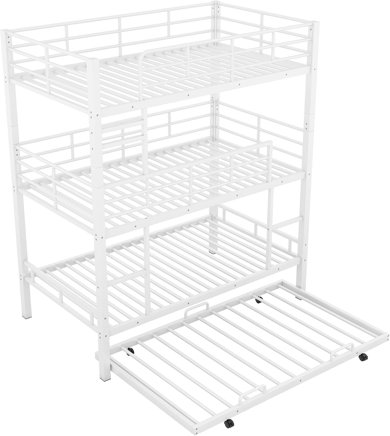 Triple Twin Metal Bunk Bed, Detachable into 3 Single Beds, No Box Spring Needed, for Kids & Adults, White-Twin