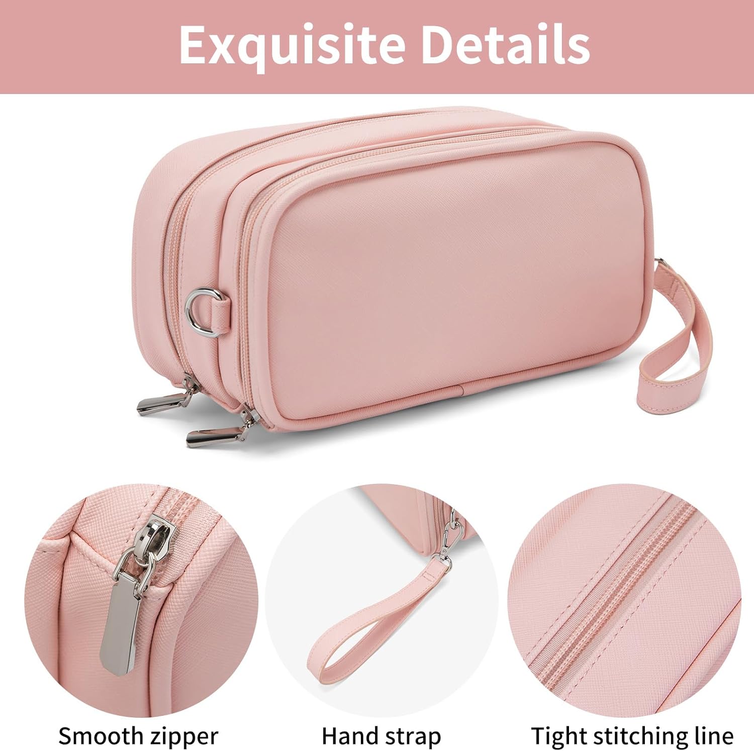 Makeup Bag for Women, Wide-open Makeup Organizer with Makeup Brush Holder, Waterproof Cosmetic Bag with Compartment, Portable Travel-Size Toiletry Bag for Traveling, Large Make Up Bag (Pink) - Image 5