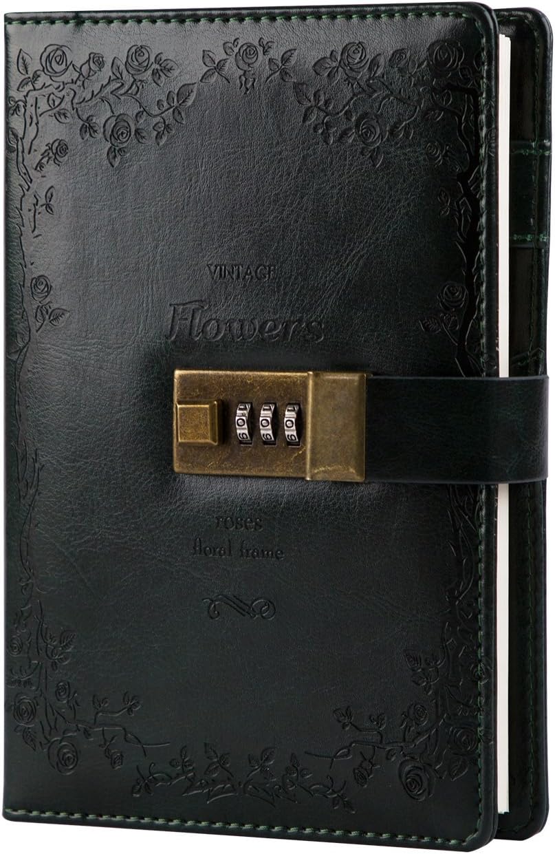 Lock Diary Classic Hardcover Writing Notebook PU Leather Combination Lock Journal 5.4 x 7.8 Inch Retro Vintage (Lock and Diary) 200 Pages Personal Journal Green