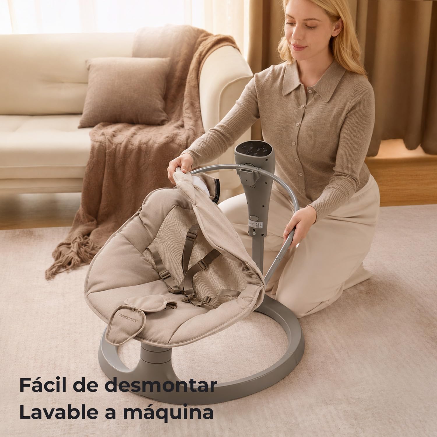 Momcozy 2 en 1 Hamaca Bebe Electrica, con Soporte de Doble Brazo, 4 Modos y 4 Velocidades de Balanceo, Mecedora Bebe Electrica Convertible en Asiento Fijo de hasta 30kg, 2 Posiciones de Reclinación