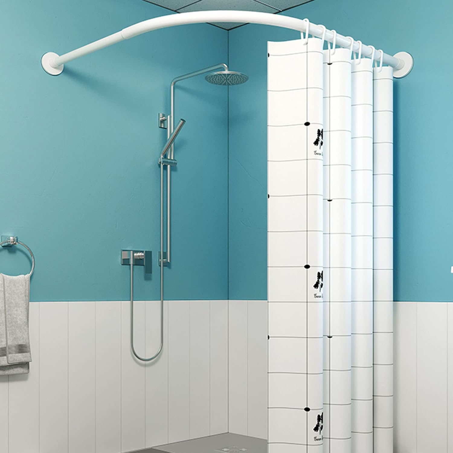 White Curved Shower Curtain Rail, Stainless Steel L Shaped