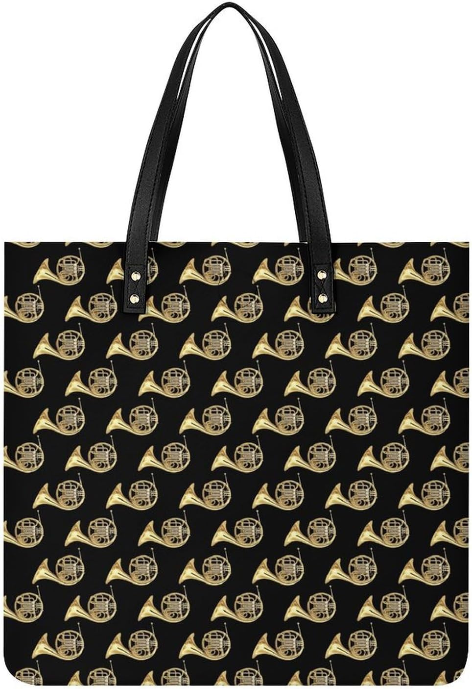 French Horns Golden Musical Instrument Black Leather Handbag with Large Space, Fashionable Handbag