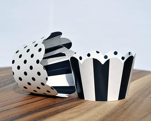 Miniatura 2 de Envoltorios para cupcakes en blanco y negro para bodas, graduaciones, fiestas de cumpleaños de niños y adultos, baby showers, juego de 24 envolturas