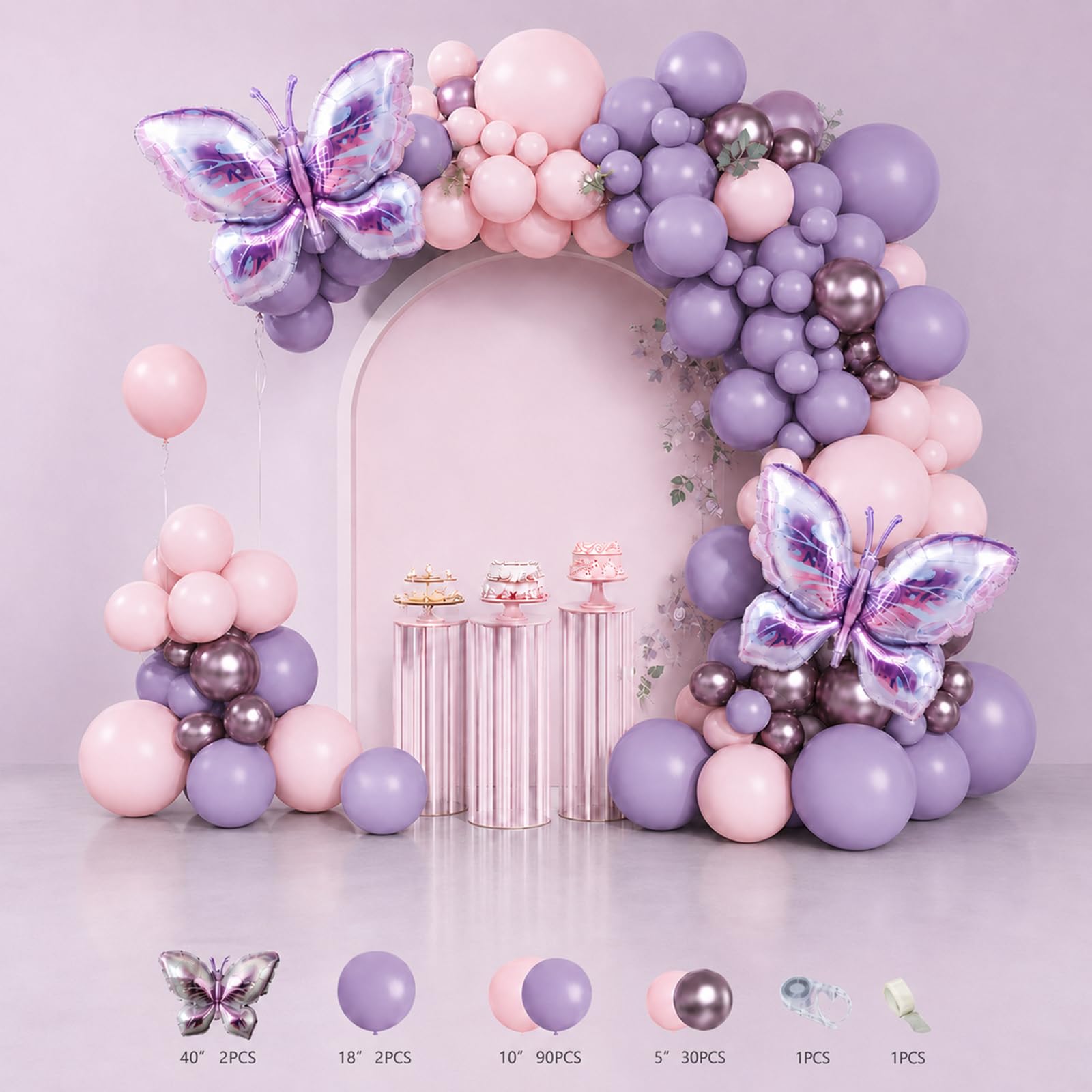 Butterfly Balloon Arch Kit, Pastel Pink and Purple, 126 Pieces