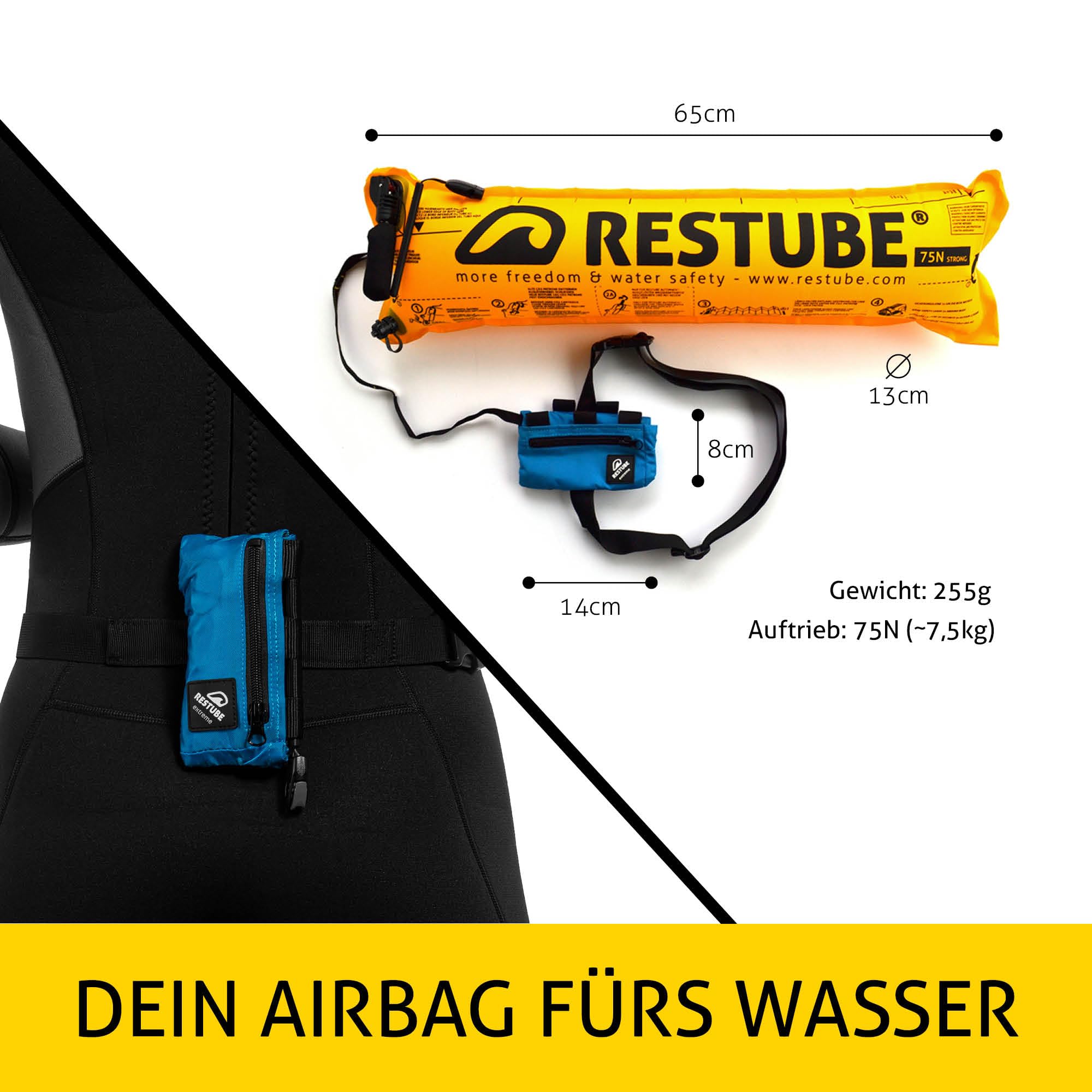Restube Extreme – Aufblasbare Schwimmboje für Wildwasser & Raue Bedingungen – Ideal für Open Water Schwimmer, Surfer & Wassersport – Einhand-Auslösung mit Signalpfeife