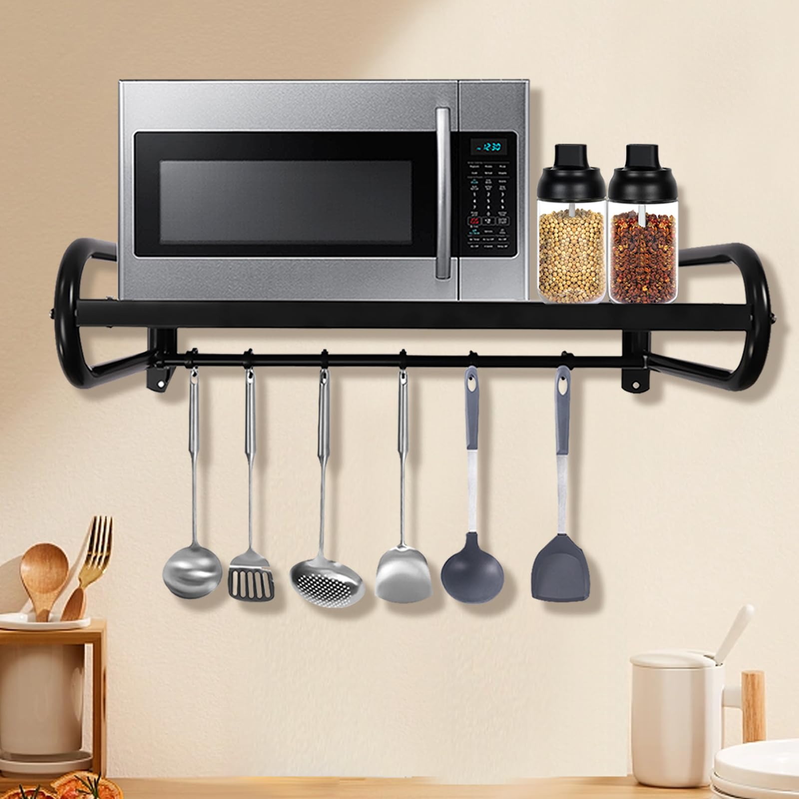 Estantería de pared para microondas, 6 ganchos, soporte para microondas, estante de pared de acero inoxidable, estante de pared para microondas, montaje adhesivo o montaje en taladro
