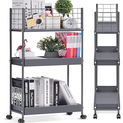 KINGRACK Slim Storage Rolling Cart, 3-Tier Metal Utility Cart with Wheels, Rolling Storage Cart, Skinny Storage Rolling Cart, Storage Trolley Cart for Office Kitchen Bathroom Narrow Place, Grey