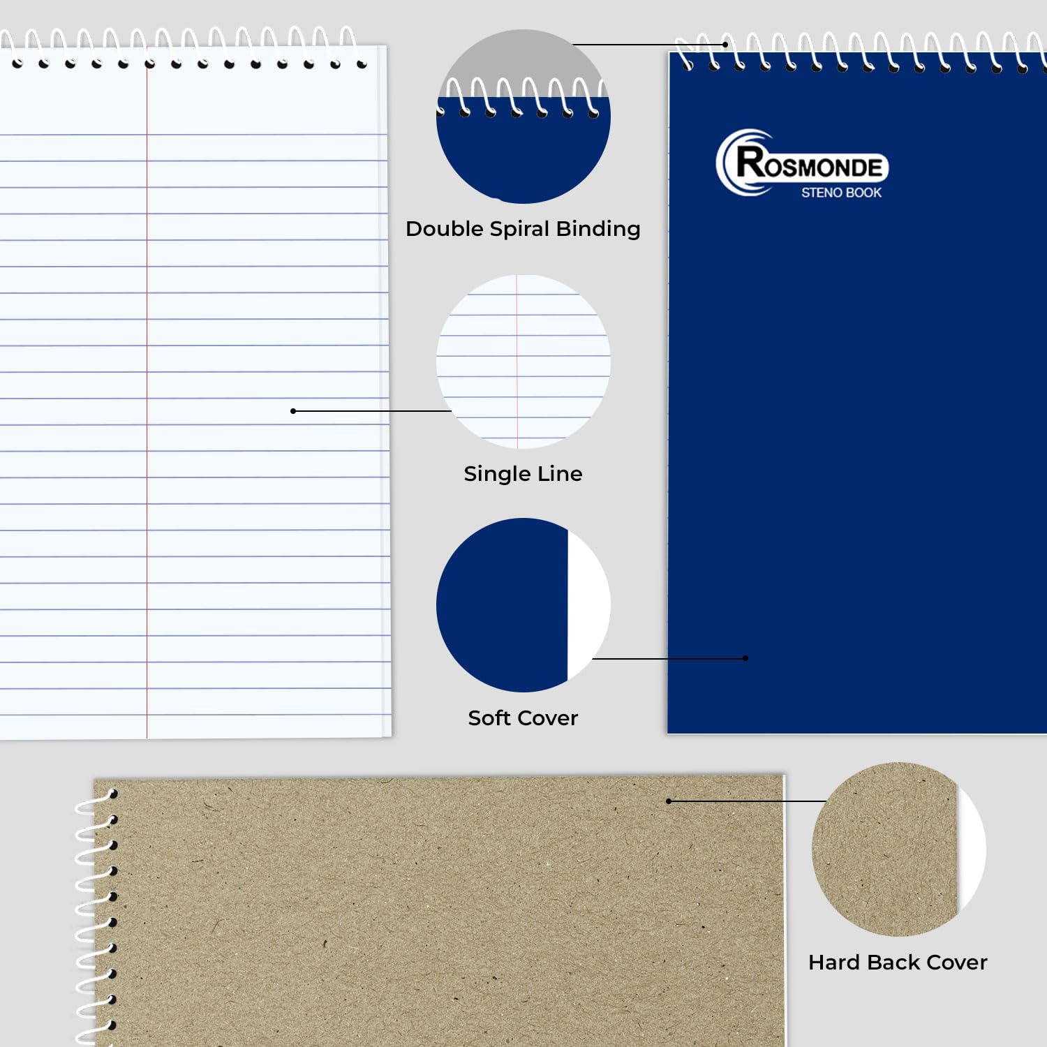 Rosmonde Confezione da 48 quaderni Steno a spirale, 15,2 x 22,9 cm, a righe Gregg, copertine assortite, 80 fogli (160 pagine) per scrivere appunti in ufficio, scuola, università, blocchi a spirale