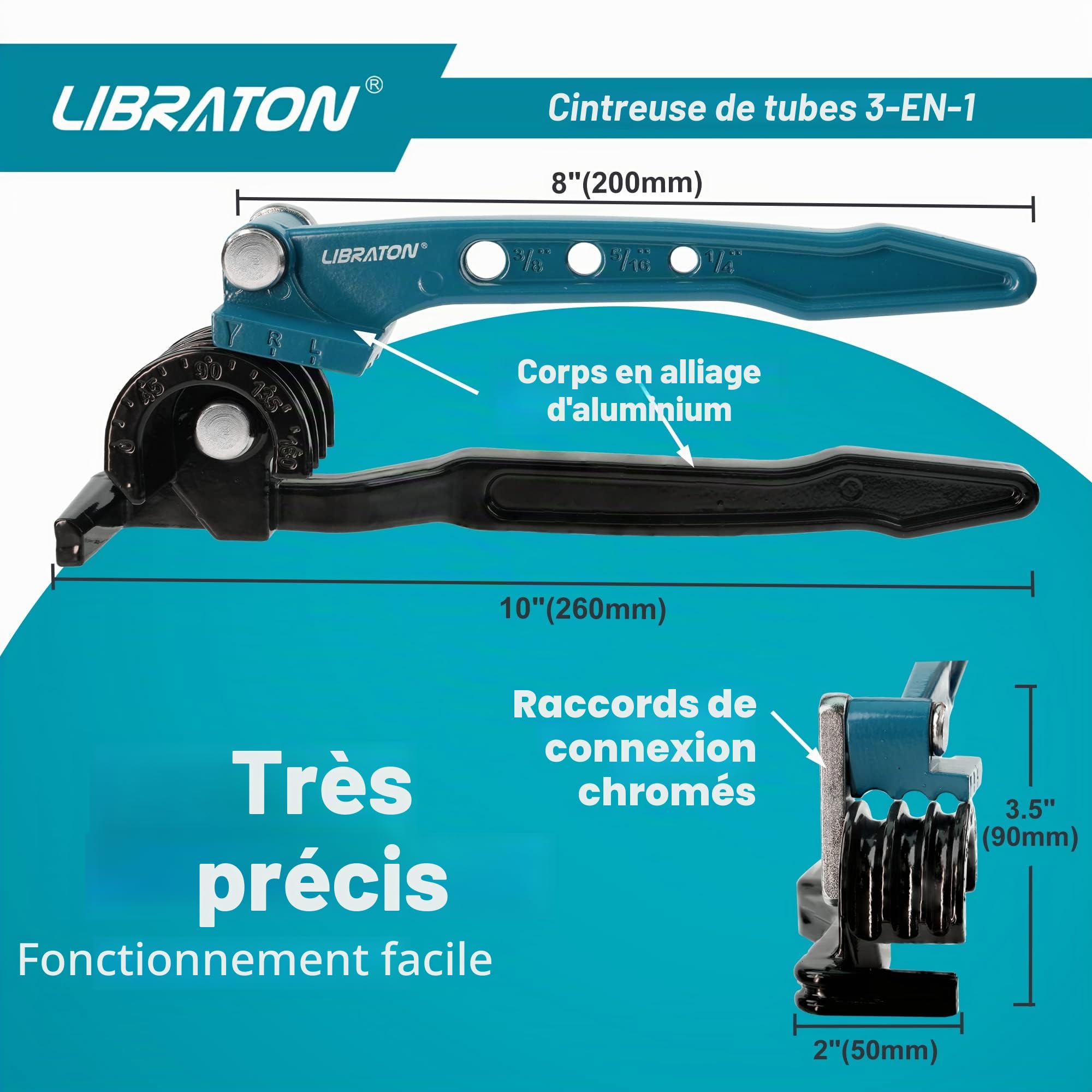 Libraton Cintreuse de Tubes, Cintreuse de Tuyaux, 3 en 1 Outils de Cintrage, 0-180 degrés Cintreuse Manuelle de Cintragepour Tubes en Cuivre, Laiton, Aluminium et Métal Doux (1/4", 5/16", 3/8")