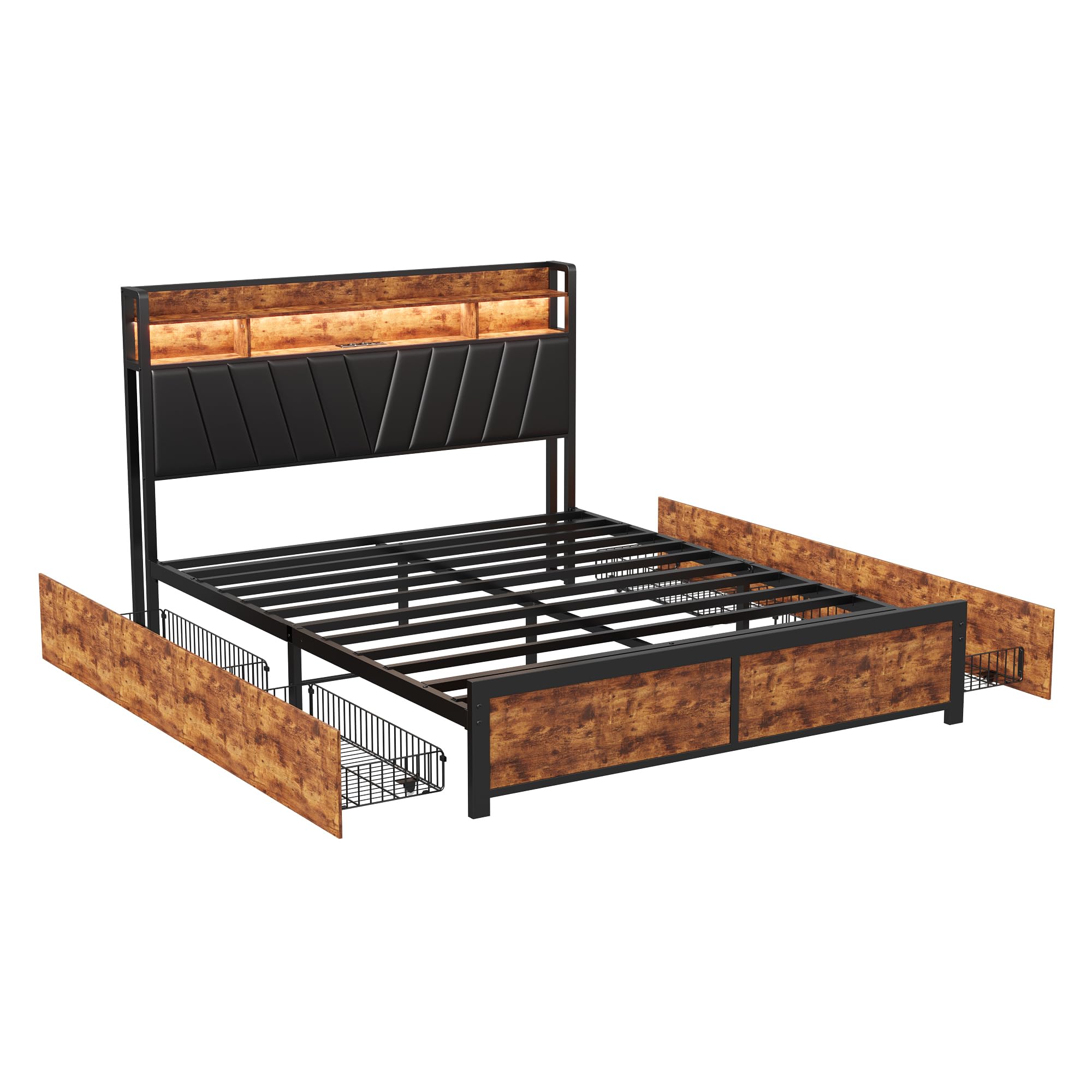 Cama tapizada de metal de 180 x 200 cm, marco de cama con cuatro cajones e iluminación LED, marco de cama doble de metal con somier, cama juvenil para dormitorio, habitación de invitados, sin colchón,