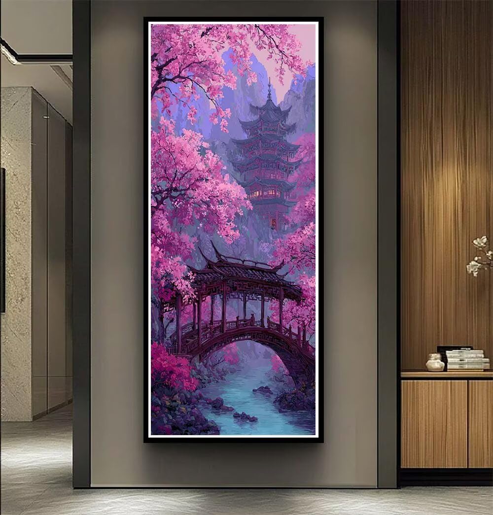 Japanese Landscape Diamond Art Kits Adults Large 5D Tower Cherry Blossoms Diamond Painting Kits, DIY Crystal Art Craft Rhinestone Embroidery Cross Stitch for Adults 15.7x31.5 Inch/40x80 cm -LR1136