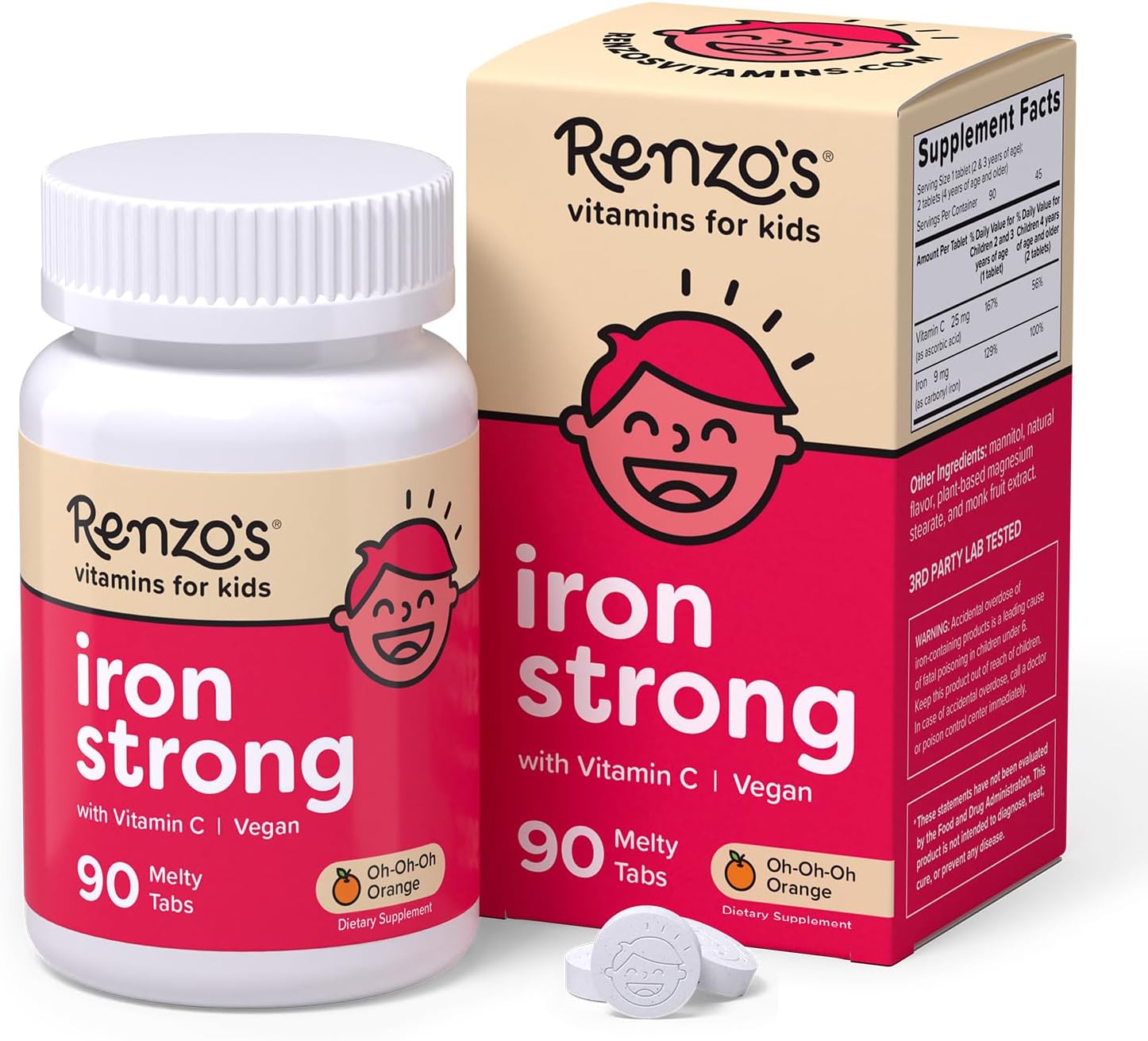 Renzos Iron Strong, Dissolvable Vitamins for Kids, Vegan, Zero Sugar, Oh-Oh-Oh Orange Flavor, 90 Melty Tabs, Elemental Iron Supplement for Children