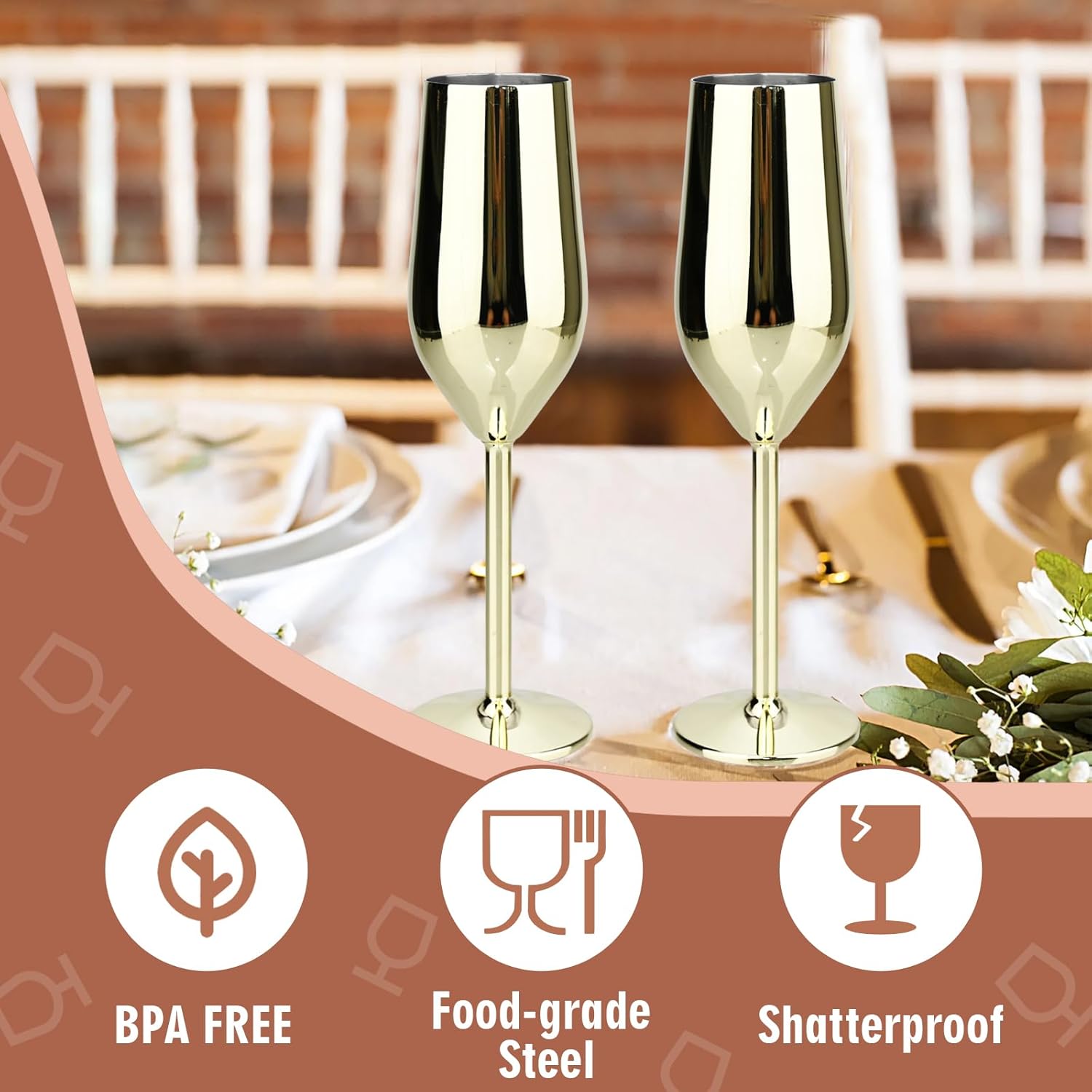 TJ Unbreakable 8 Oz Stainless Steel Champagne Flutes (4 Pack)- Gold Champagne Glasses - Reusable Indoor Outdoor Drinkware - Keeps Drink Cool for Longer - Gift Idea