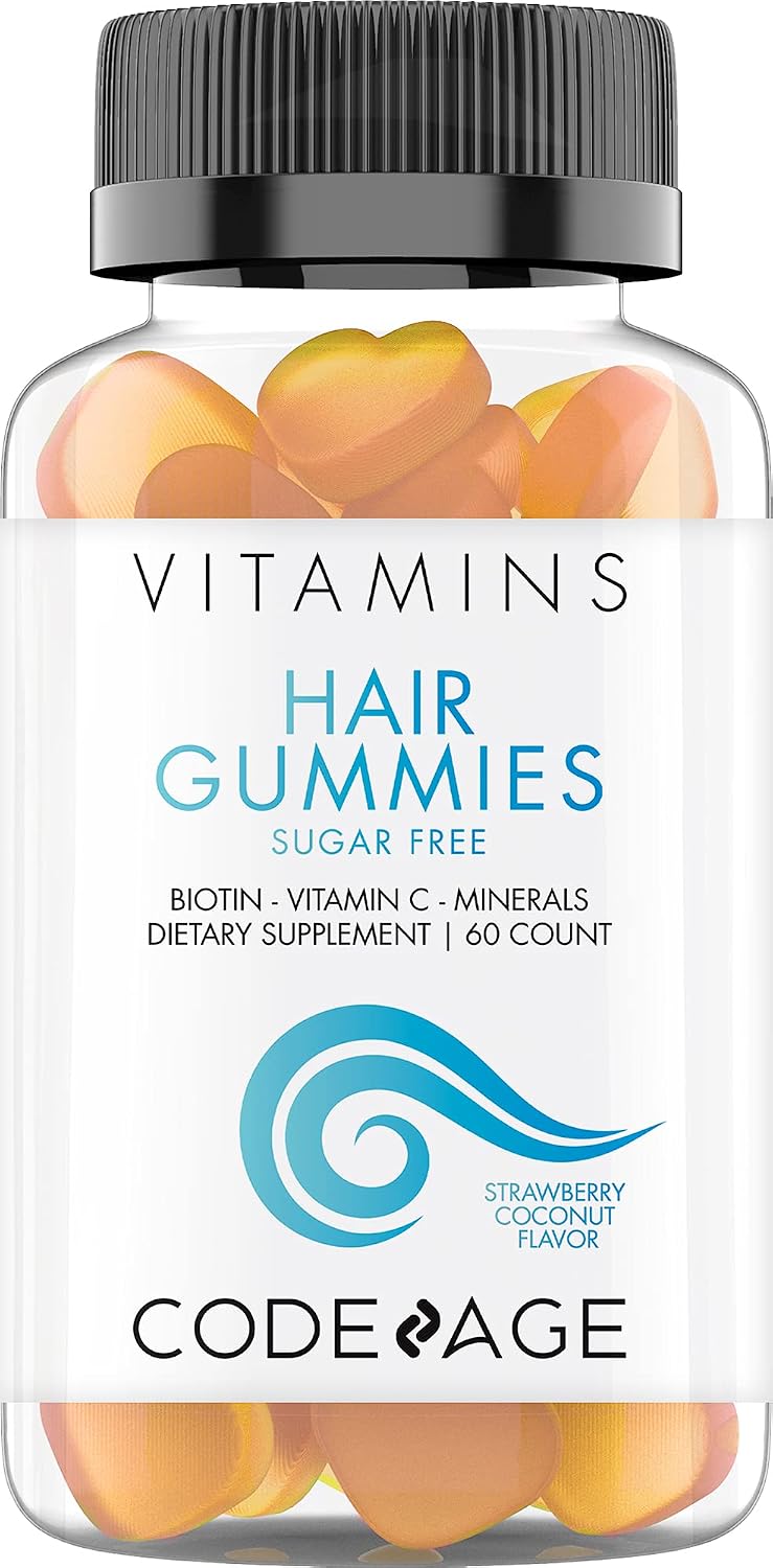Codeage Hair Gummies, Biotin 5000 mcg, Sugar Free Growth Gummy Vitamins A, C, B6, B12, D3, Zinc, Inositol Supplement, Women & Men, Pantothenic Folic Acid, Nails, Skin, Strawberry Coconut Flavor