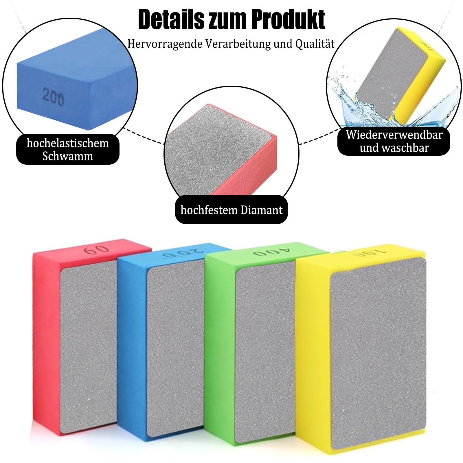 Diamant Handpolijstpads, 4 stuks handschuurpad, schuurblokset, schuurpad, glas, schuurpads, polijstpads voor graniet, marmer, keramiek (60# 100# 200# 400