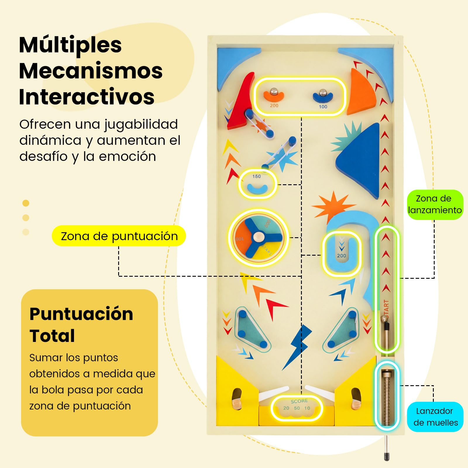 COSTWAY Máquina de Pinball de Madera, Juego de Mesa con Pista Giratoria y Puntuación con 3 Bolas para Niños de 6+ Años y Adultos, Juguete de Pinball de Canicas para Oficina o Fiestas Familiares