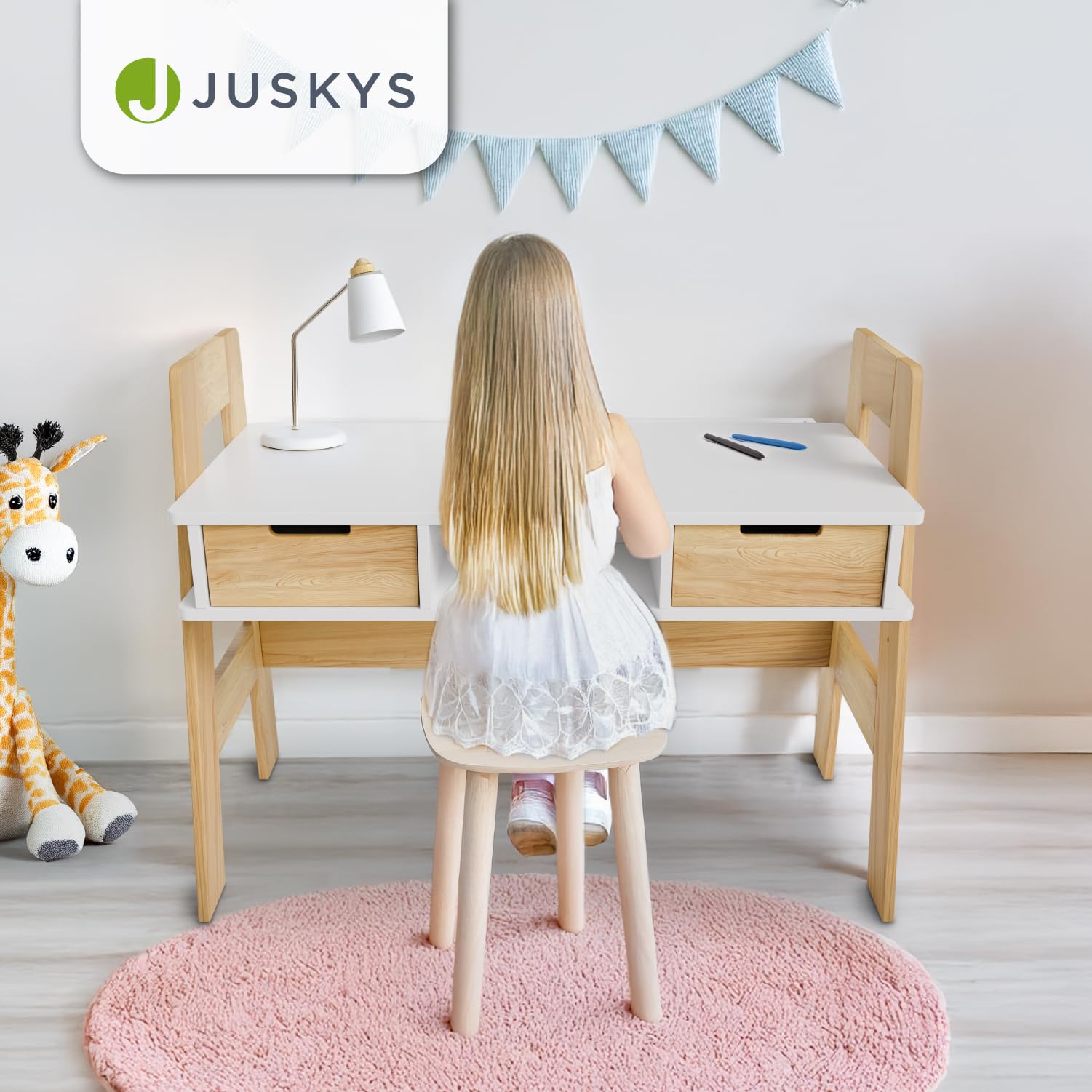 Juskys Kinderschreibtisch Fietje - Höhenverstellbarer Schreibtisch für Kinder, aus Holz, mit 2 Schubladen und viel Stauraum - Lerntisch in Weiß