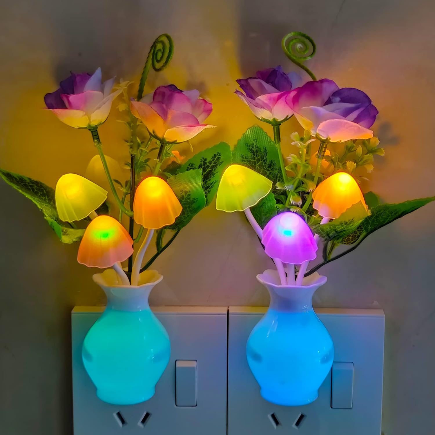 AUSAYE Color-Changing LED Night Light, 1Pack Plug in Dusk-to-Dawn,Home Décor Lamp Dream Nightlight Purple Rose Flower Mushroom Night Light for Kids Adults Bedroom,Bathroom,Stairs, Kitchen,Hallway